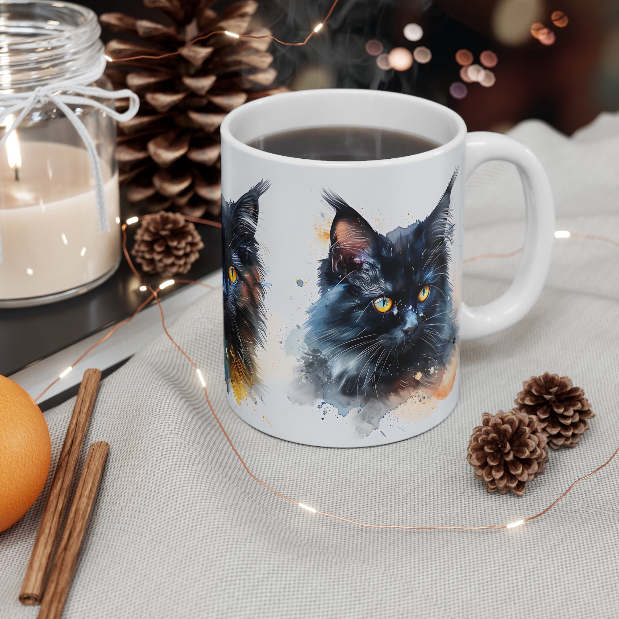Artistic Black Cat Portraits Coffee Mug with Vibrant Yellow Eyes