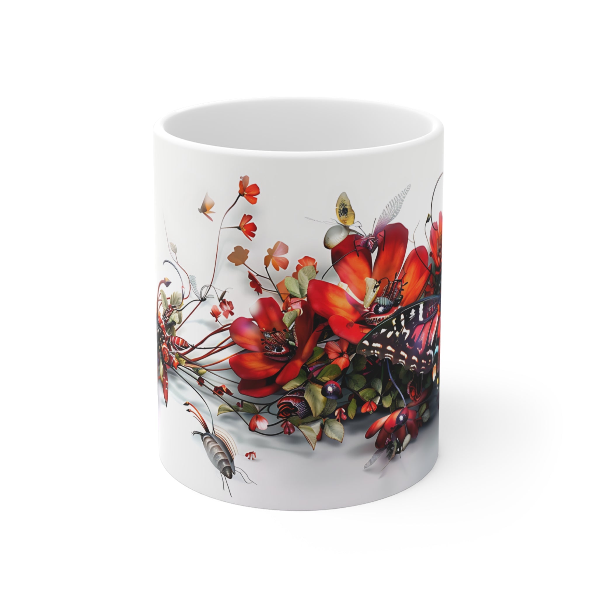 Red Butterfly and Floral Art Printed Ceramic Mug for Nature Lovers