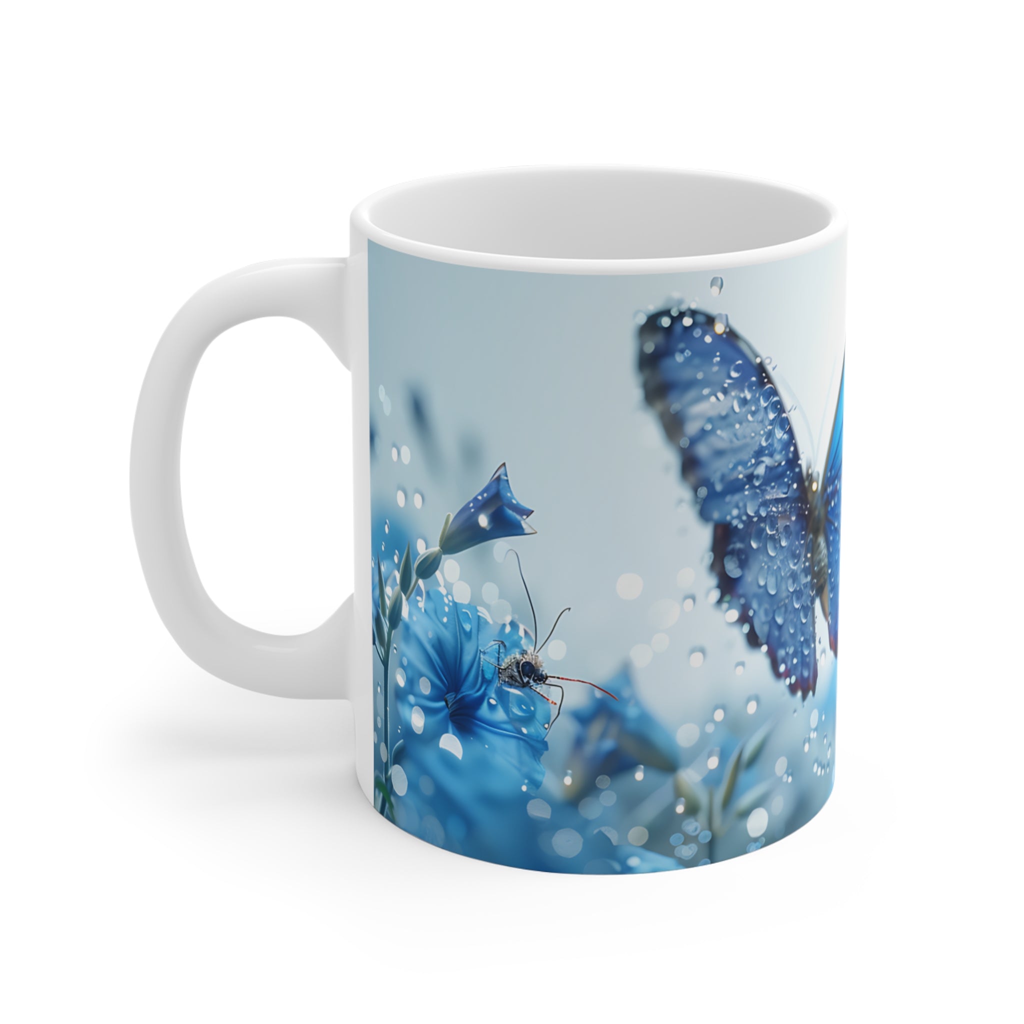 Blue Butterfly and Dew Drops on Vibrant Blue Flowers Coffee Mug