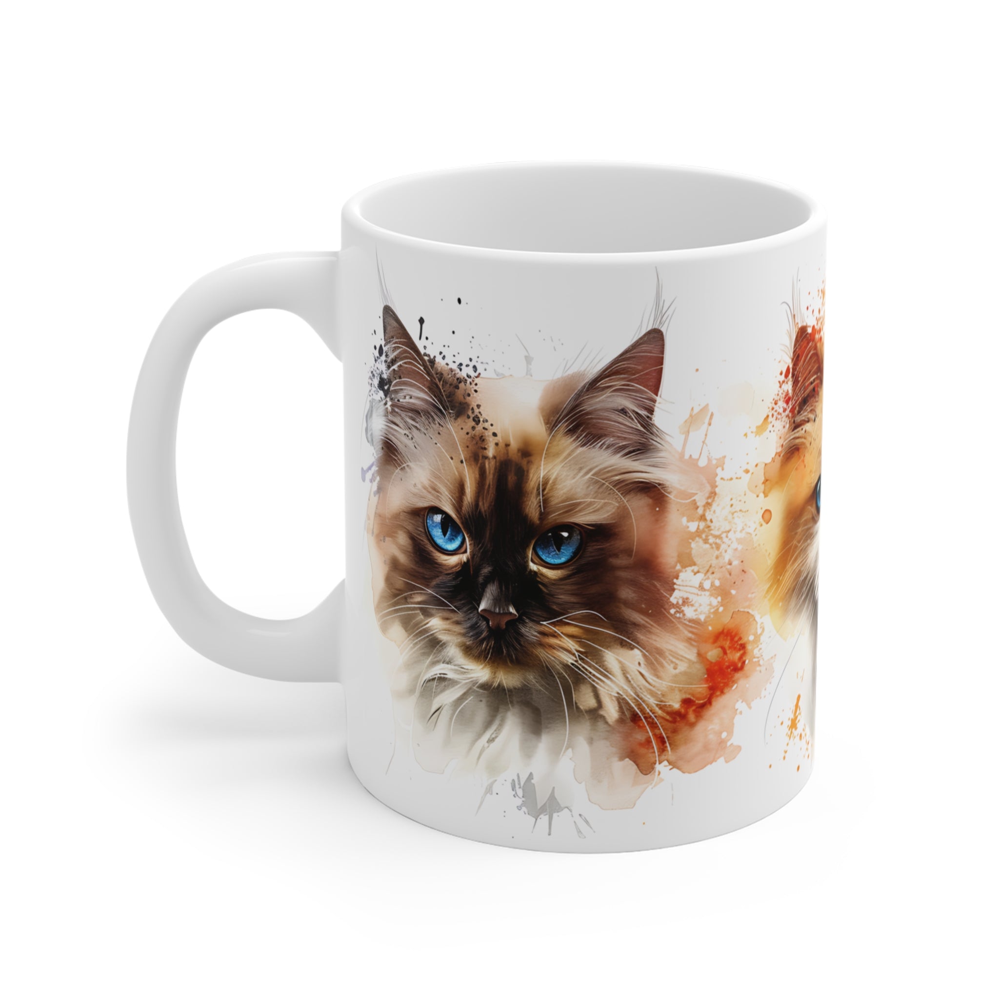 Artistic Blue-Eyed Cat Faces Mug with Color Splash Design