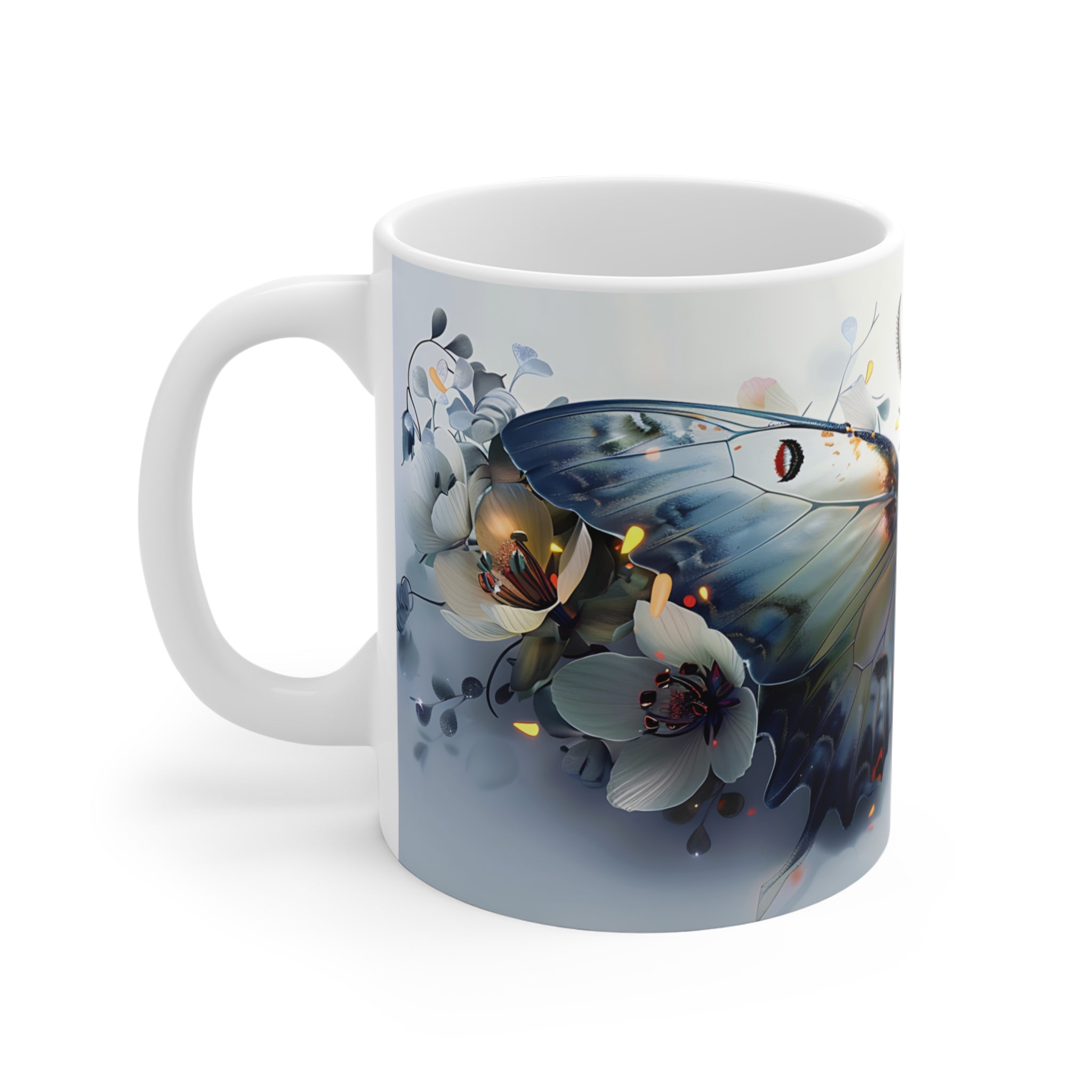 Artistic Blue and White Butterfly Floral Ceramic Coffee Mug
