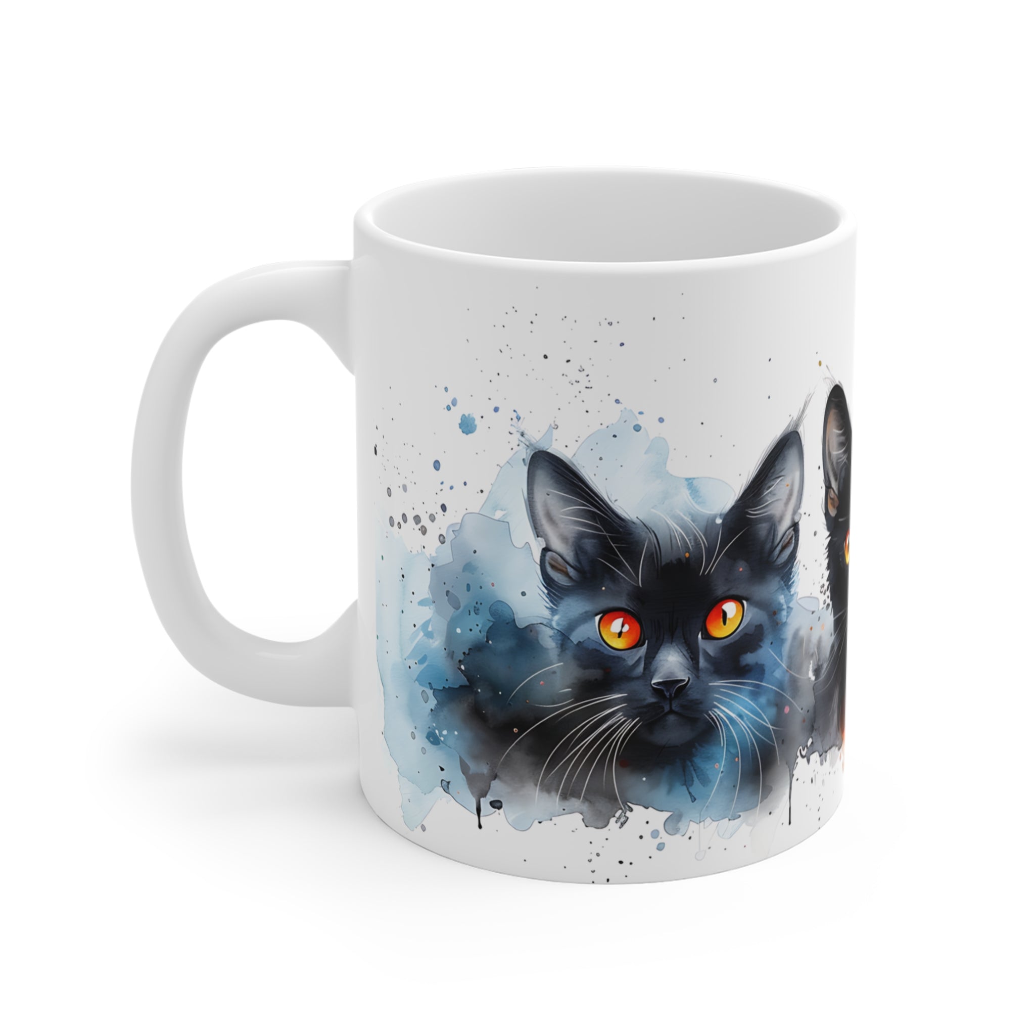 Artistic Black Cats Watercolor Mug with Orange and Blue Splashes