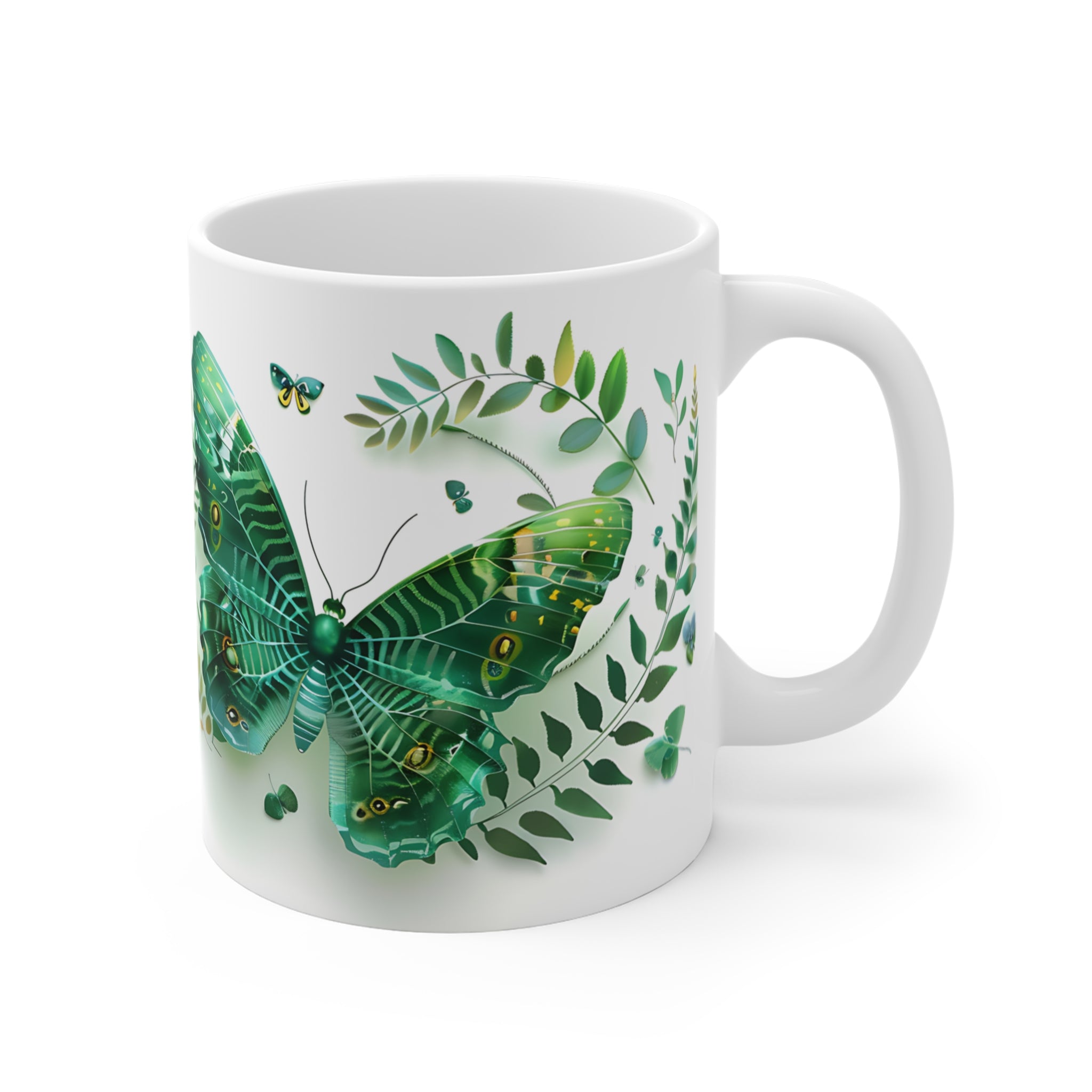 Green Butterfly and Leaf Pattern Ceramic Mug for Nature Lovers