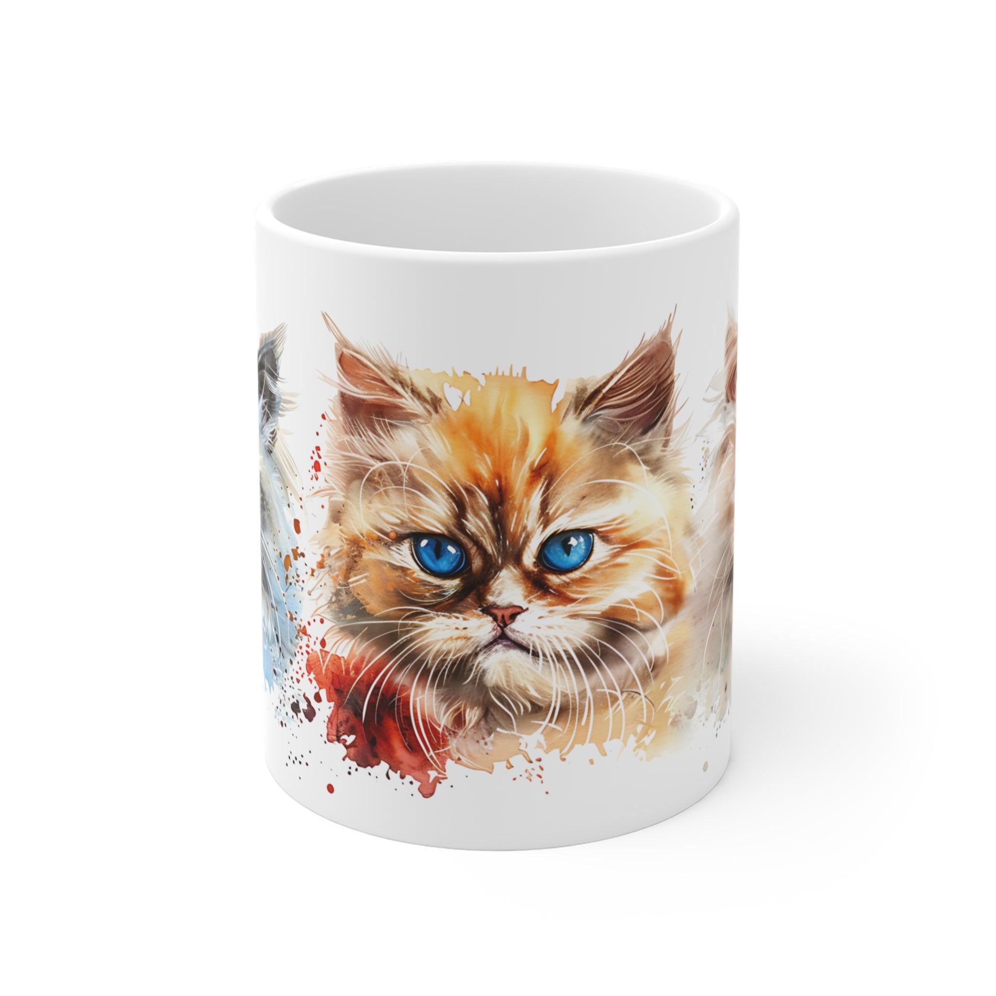 Artistic Cat Faces Watercolor Mug - Three Colorful Kitten Portraits