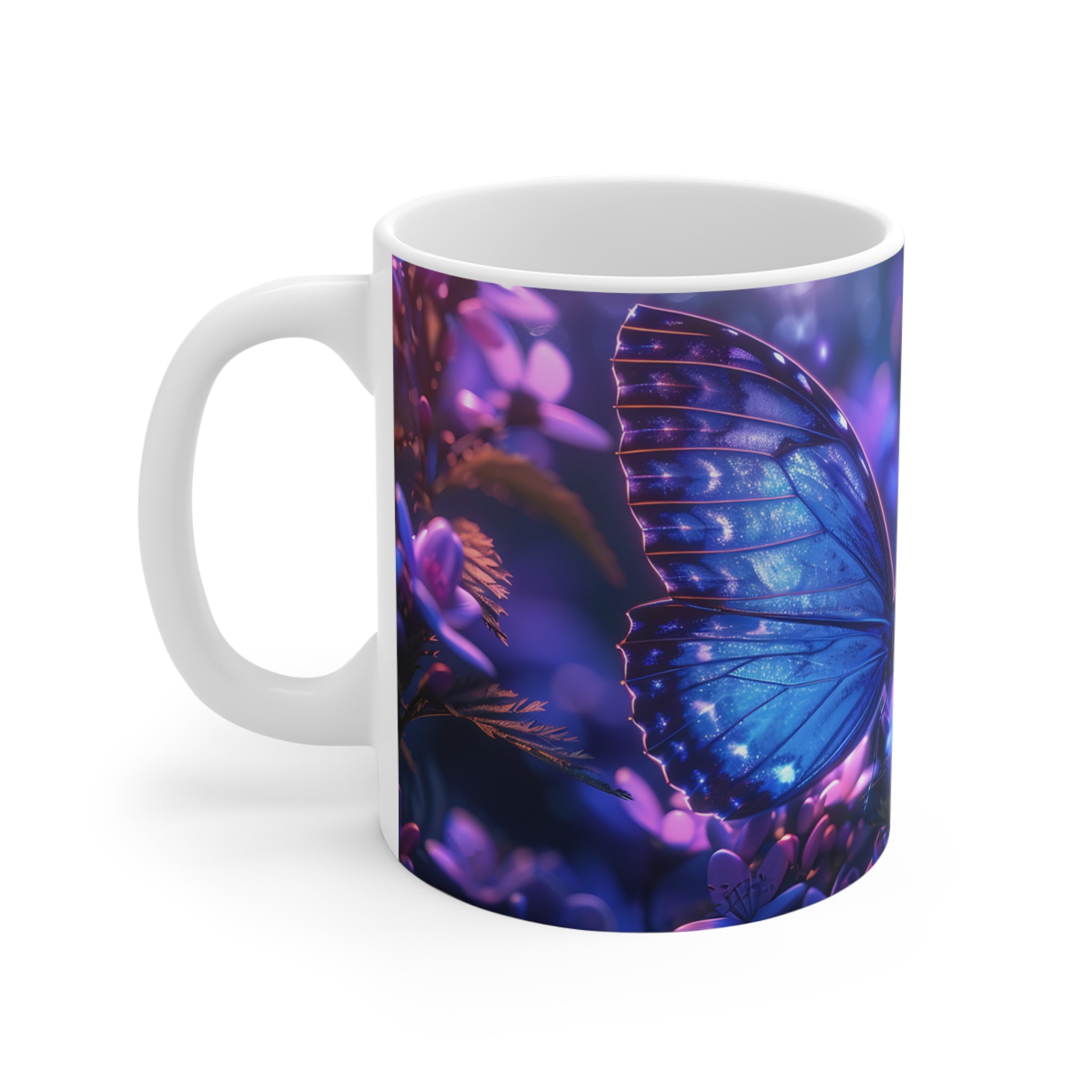 Blue Butterfly on Purple Flowers Night Scene Printed Mug
