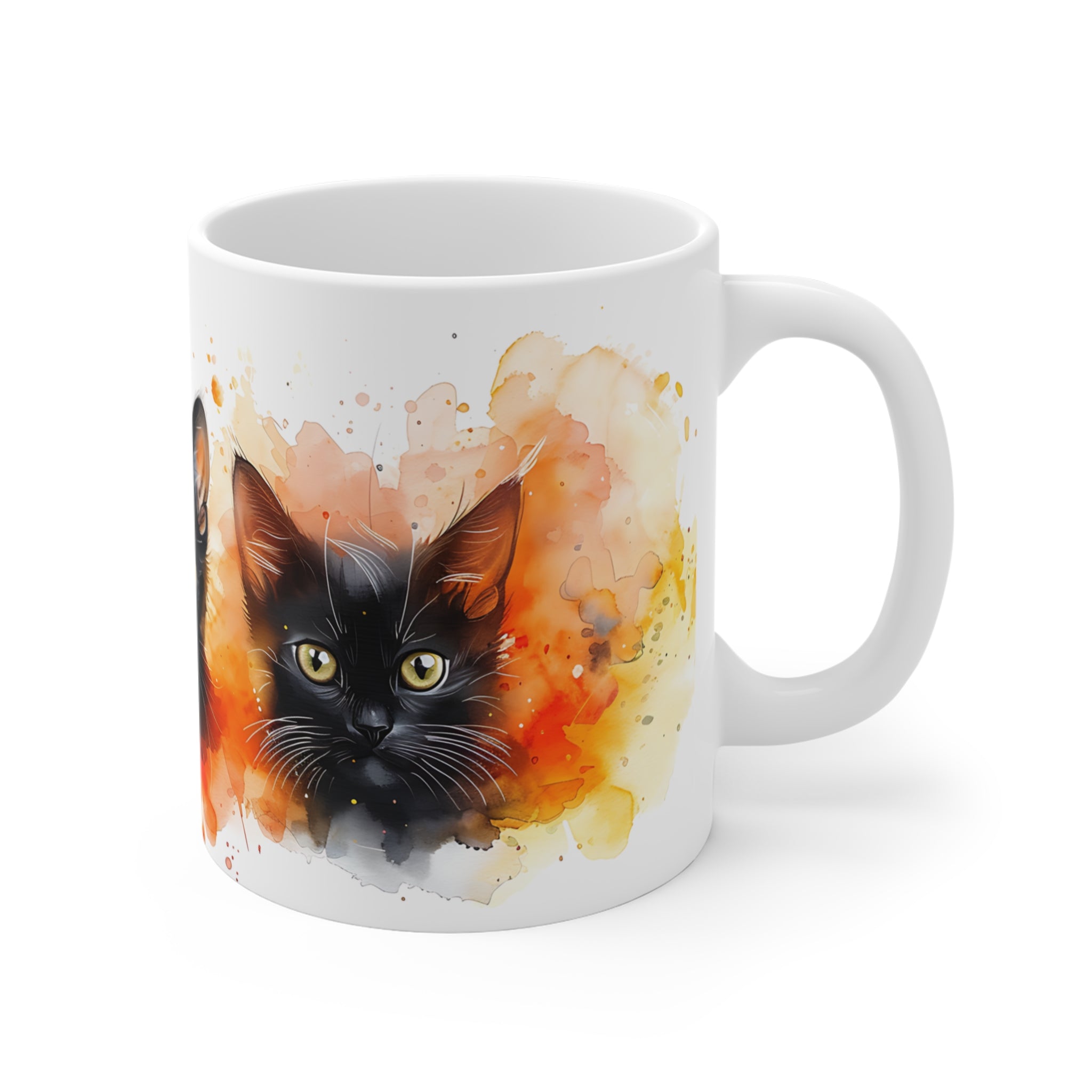 Artistic Black Cats Watercolor Mug with Orange and Blue Splashes