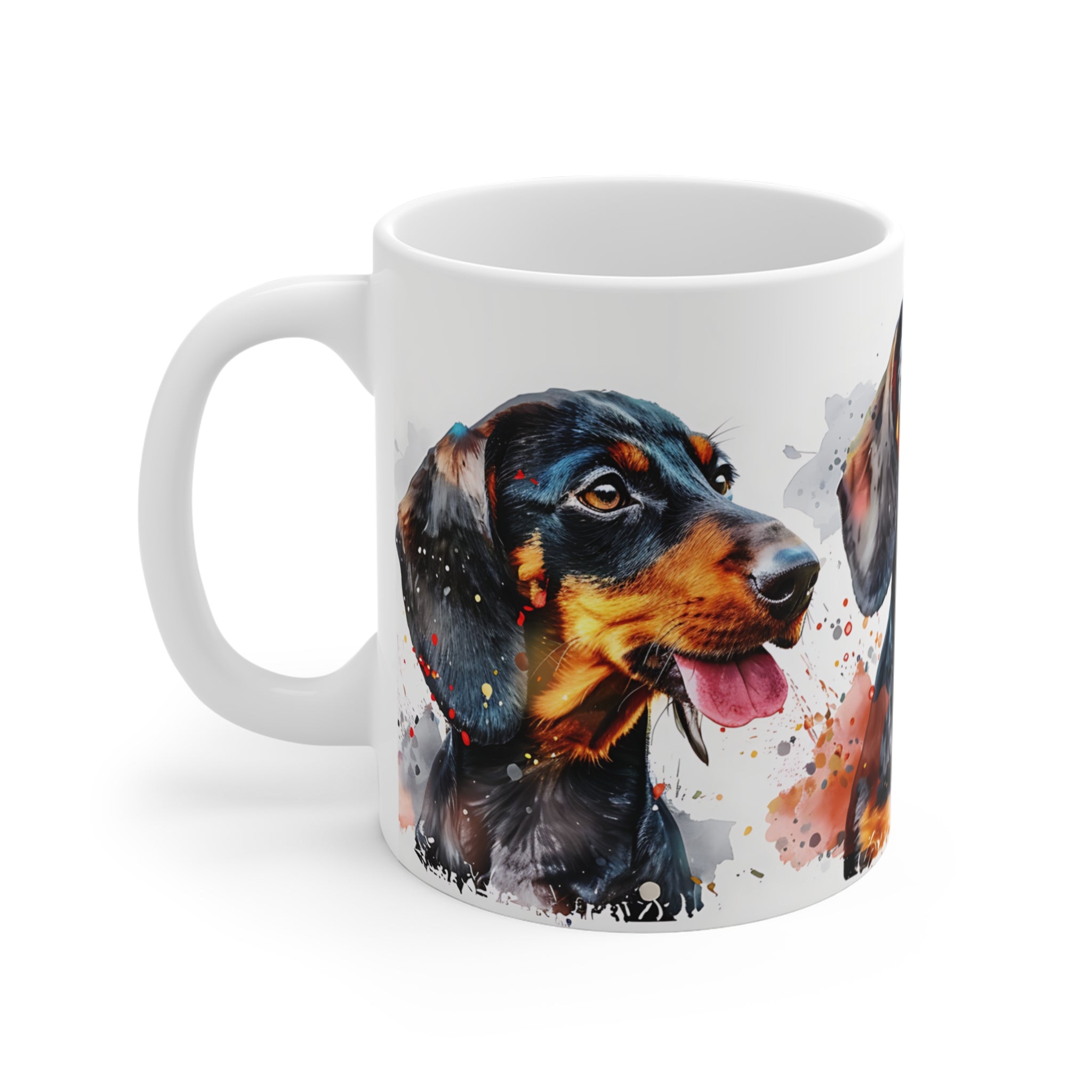 Artistic Dachshund Dog Mug with Colorful Watercolor Splash Design