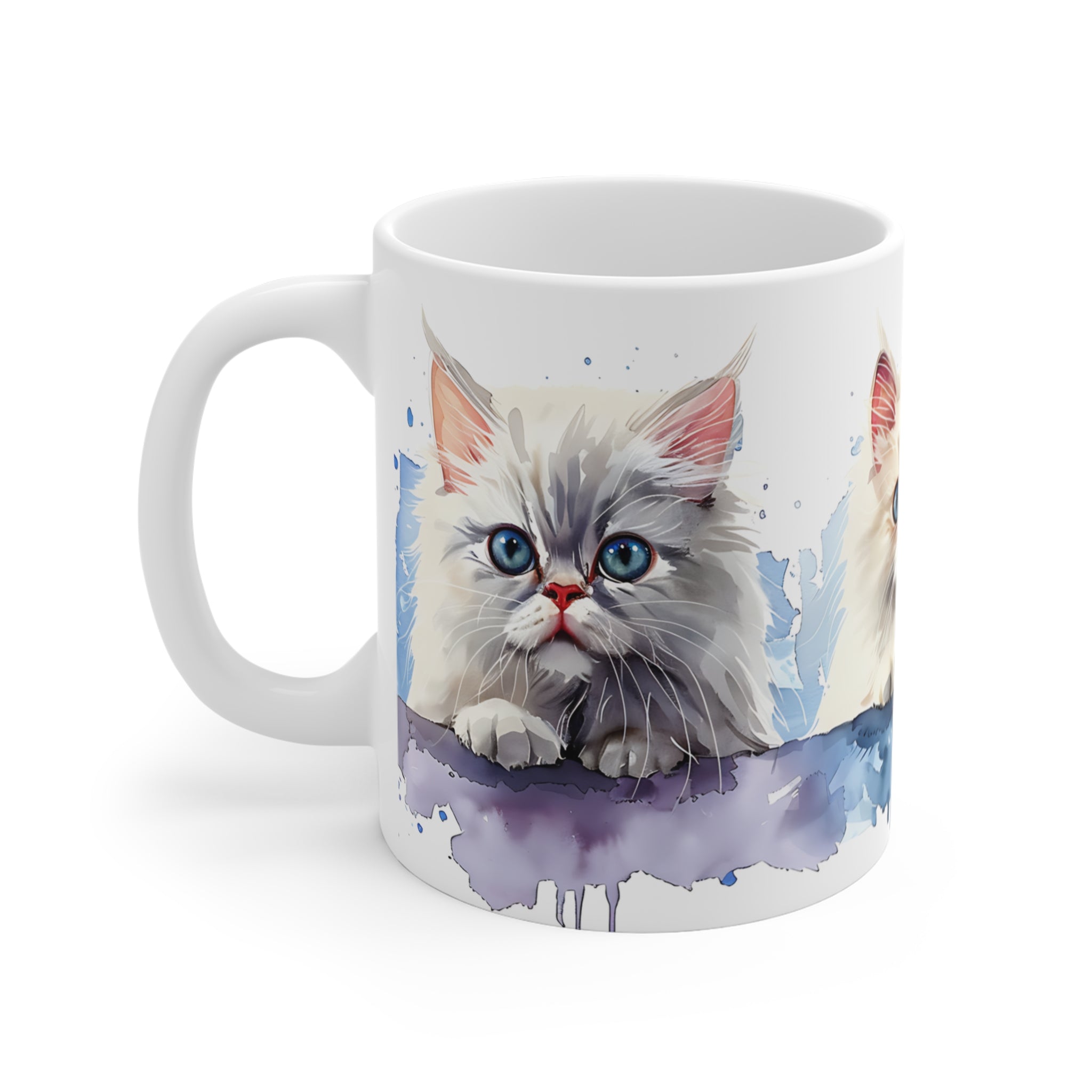 Watercolor Art Mug with Three Adorable Fluffy Kittens Design