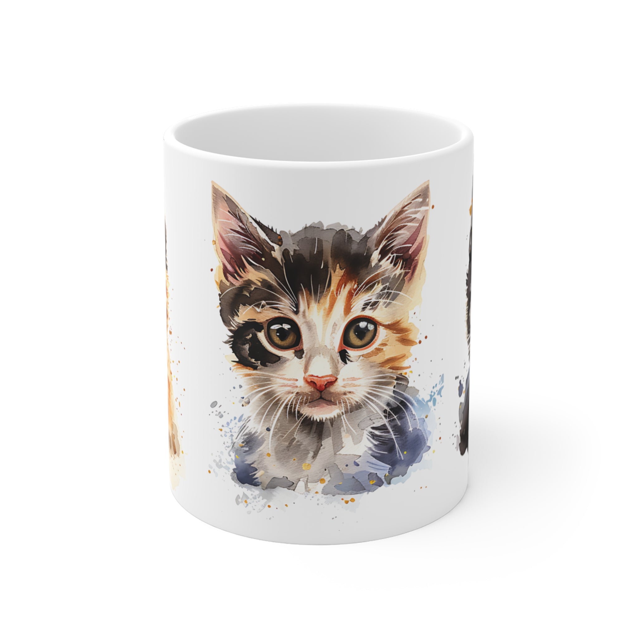 Watercolor Style Kitten Mug with Three Adorable Cat Faces