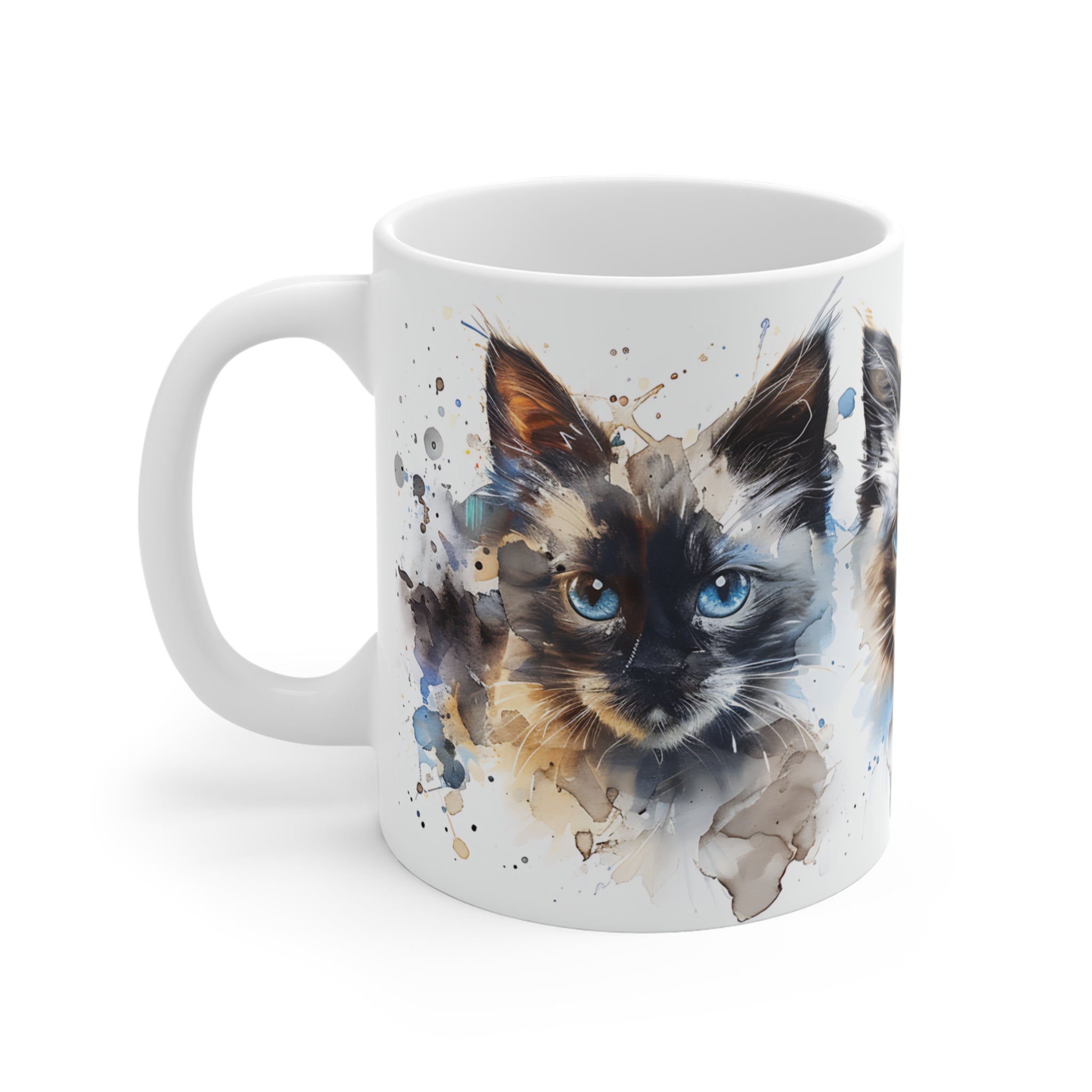 Artistic Blue-Eyed Cat Trio Watercolor Mug for Cat Lovers