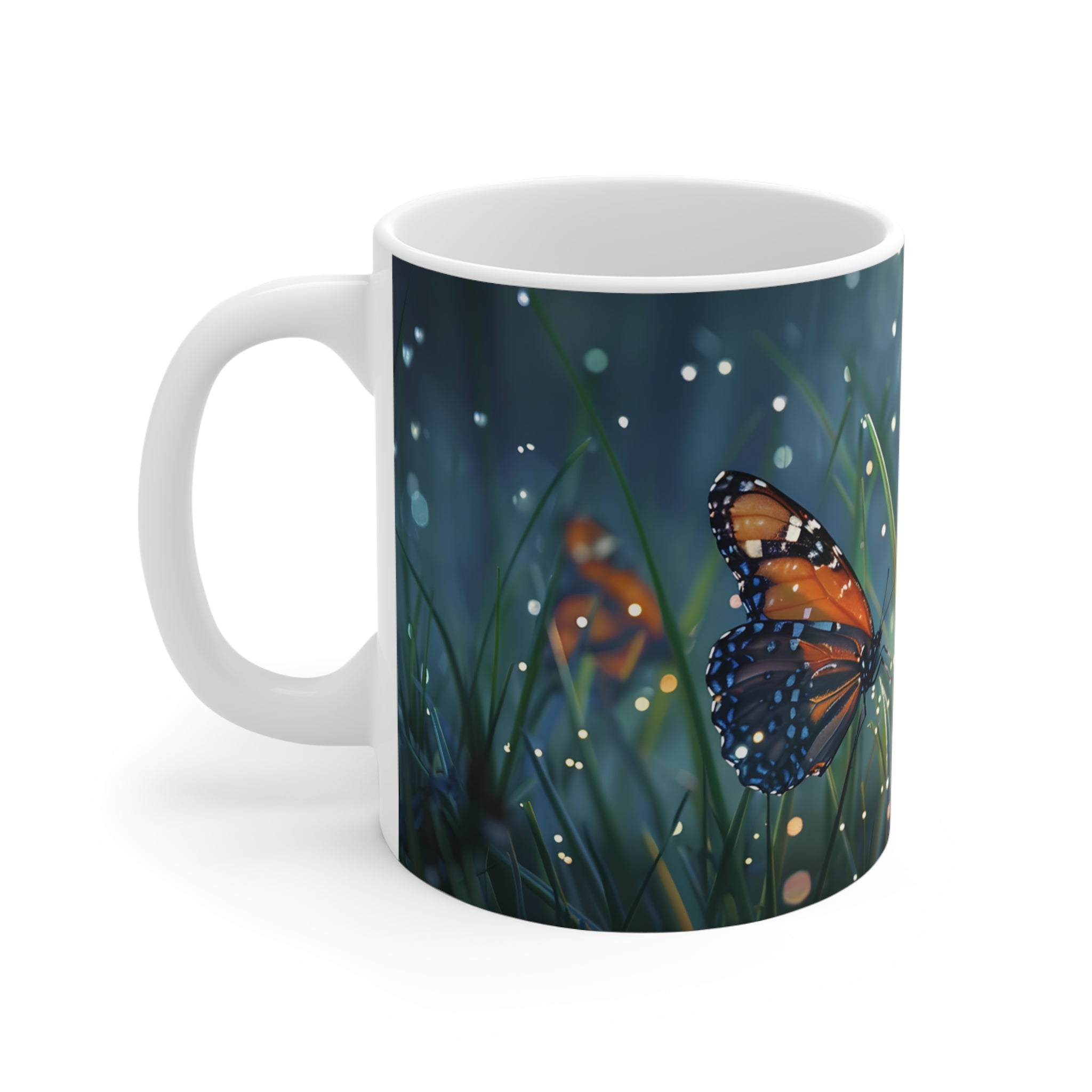 Nature-Inspired Butterfly and Grass Mug with Magical Light Sparkles