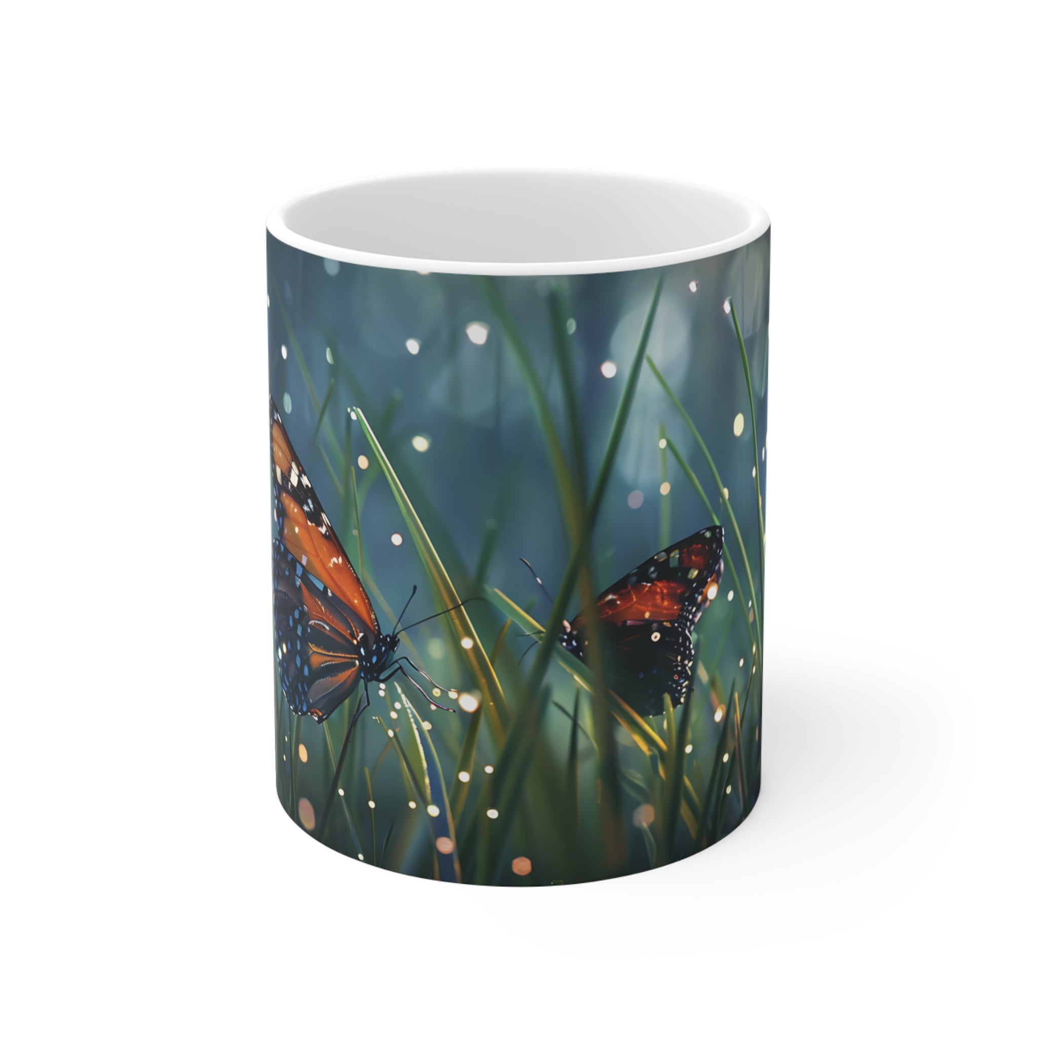 Nature-Inspired Butterfly and Grass Mug with Magical Light Sparkles