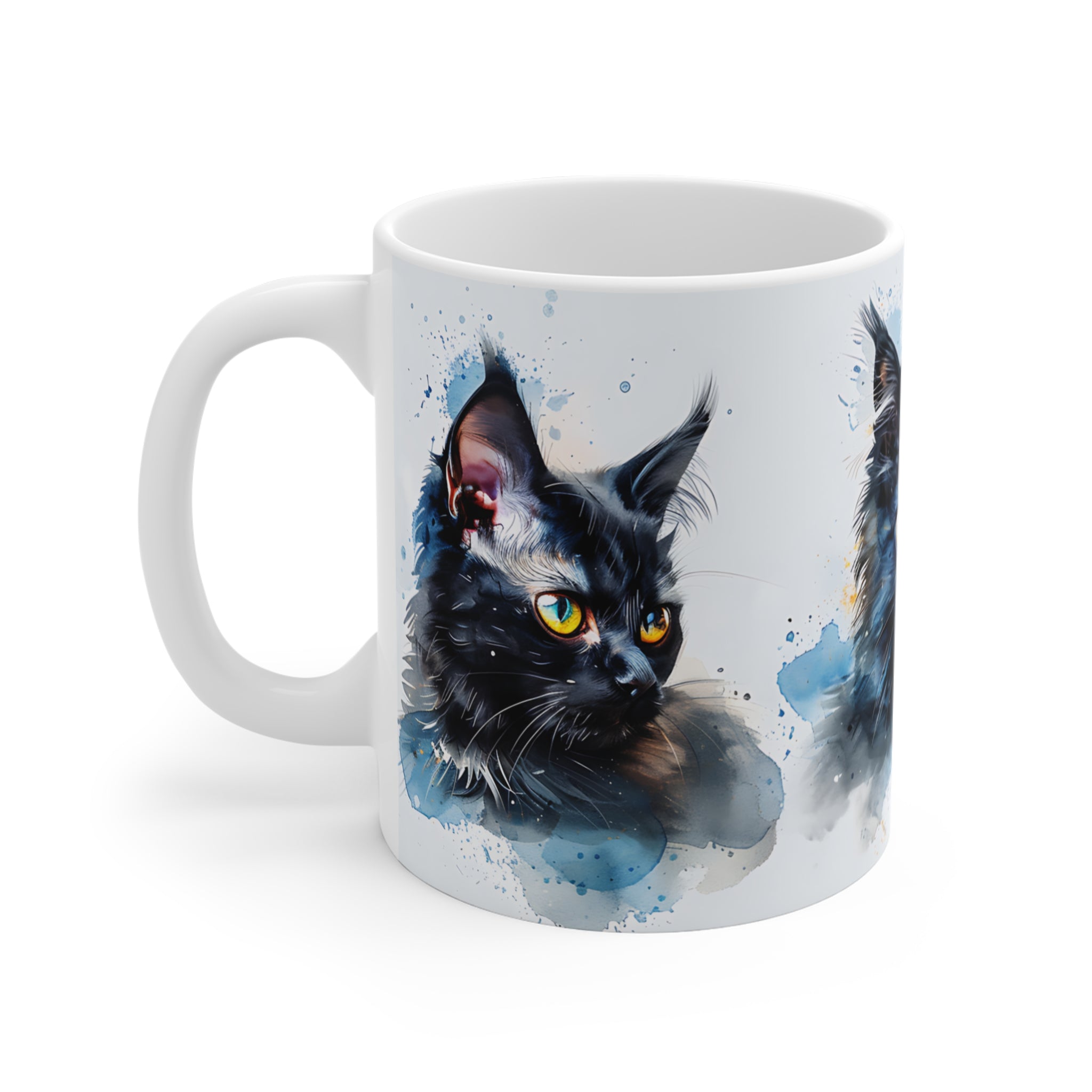 Artistic Black Cat Portraits Coffee Mug with Vibrant Yellow Eyes