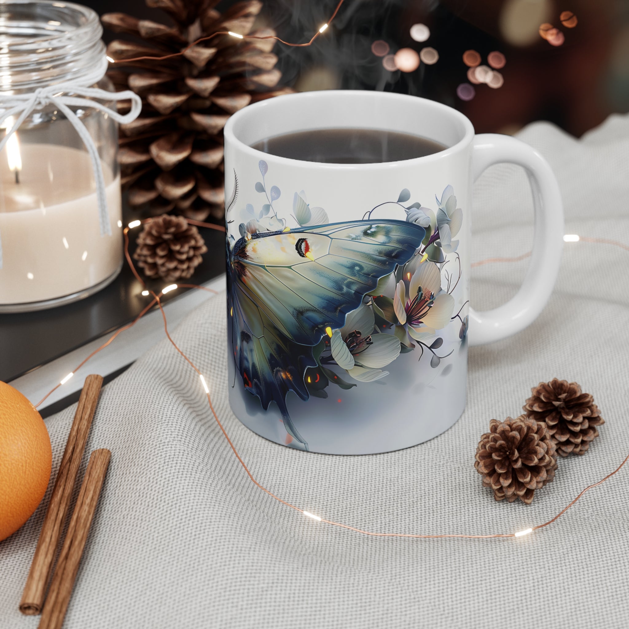 Artistic Blue and White Butterfly Floral Ceramic Coffee Mug