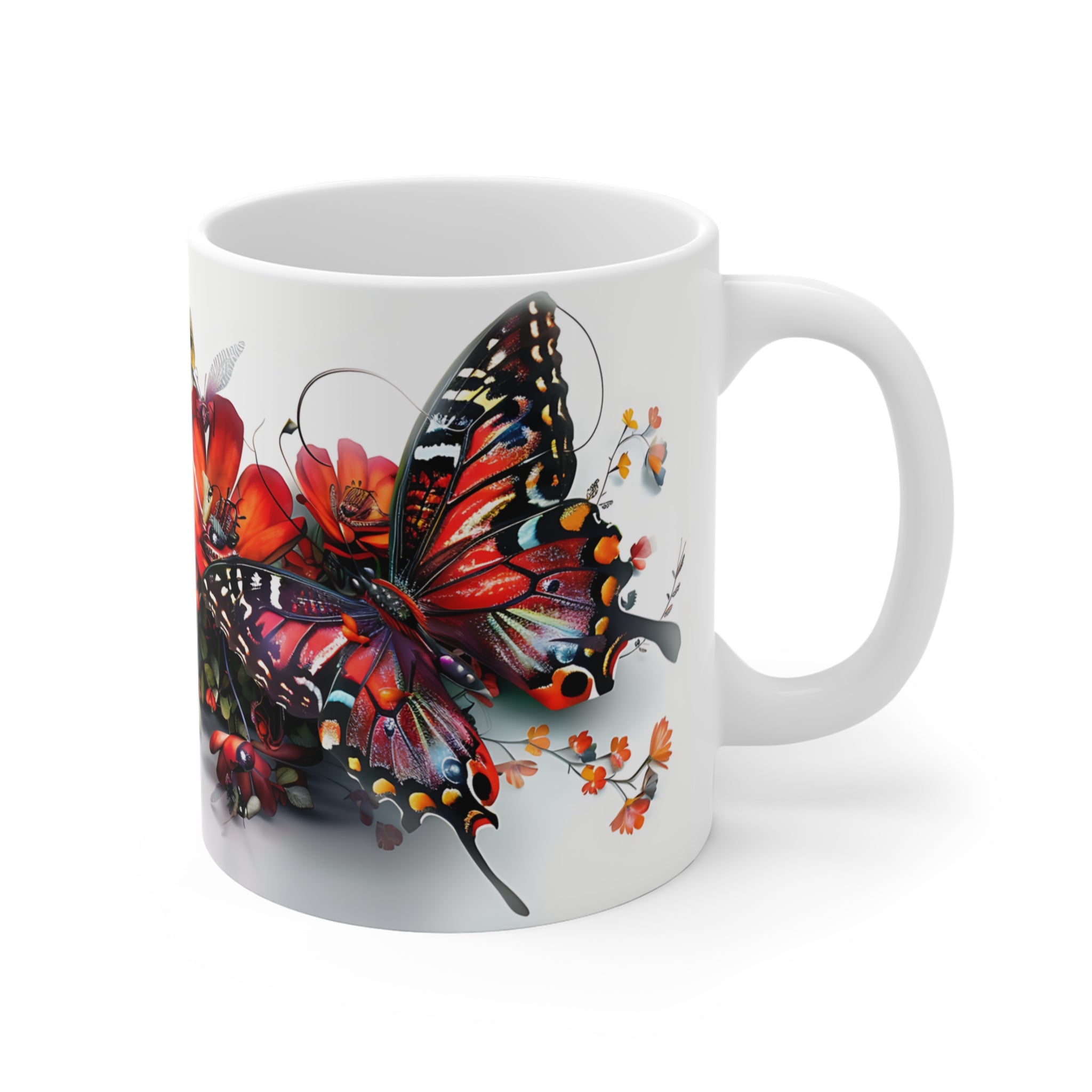 Red Butterfly and Floral Art Printed Ceramic Mug for Nature Lovers