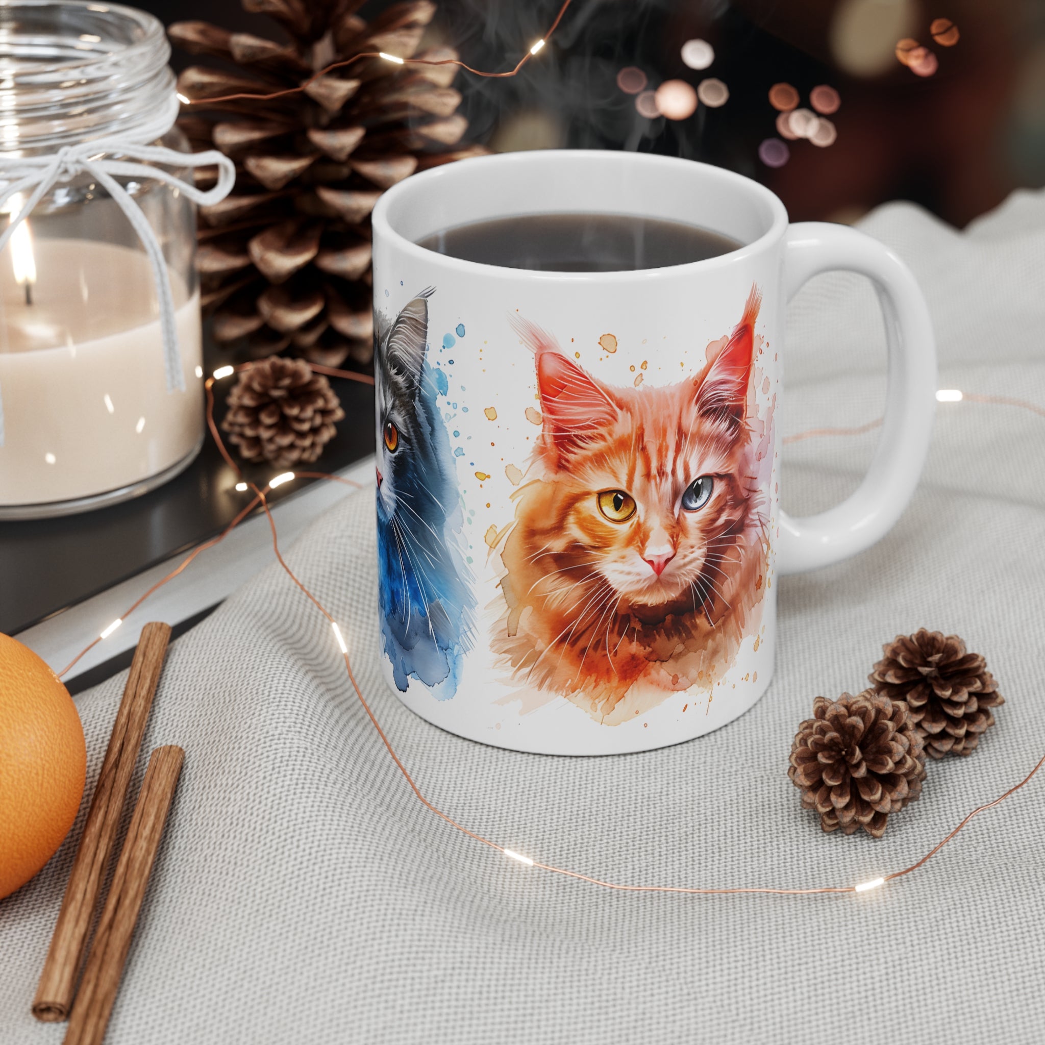 Watercolor Cat Portraits Mug with Orange and Gray Feline Artwork