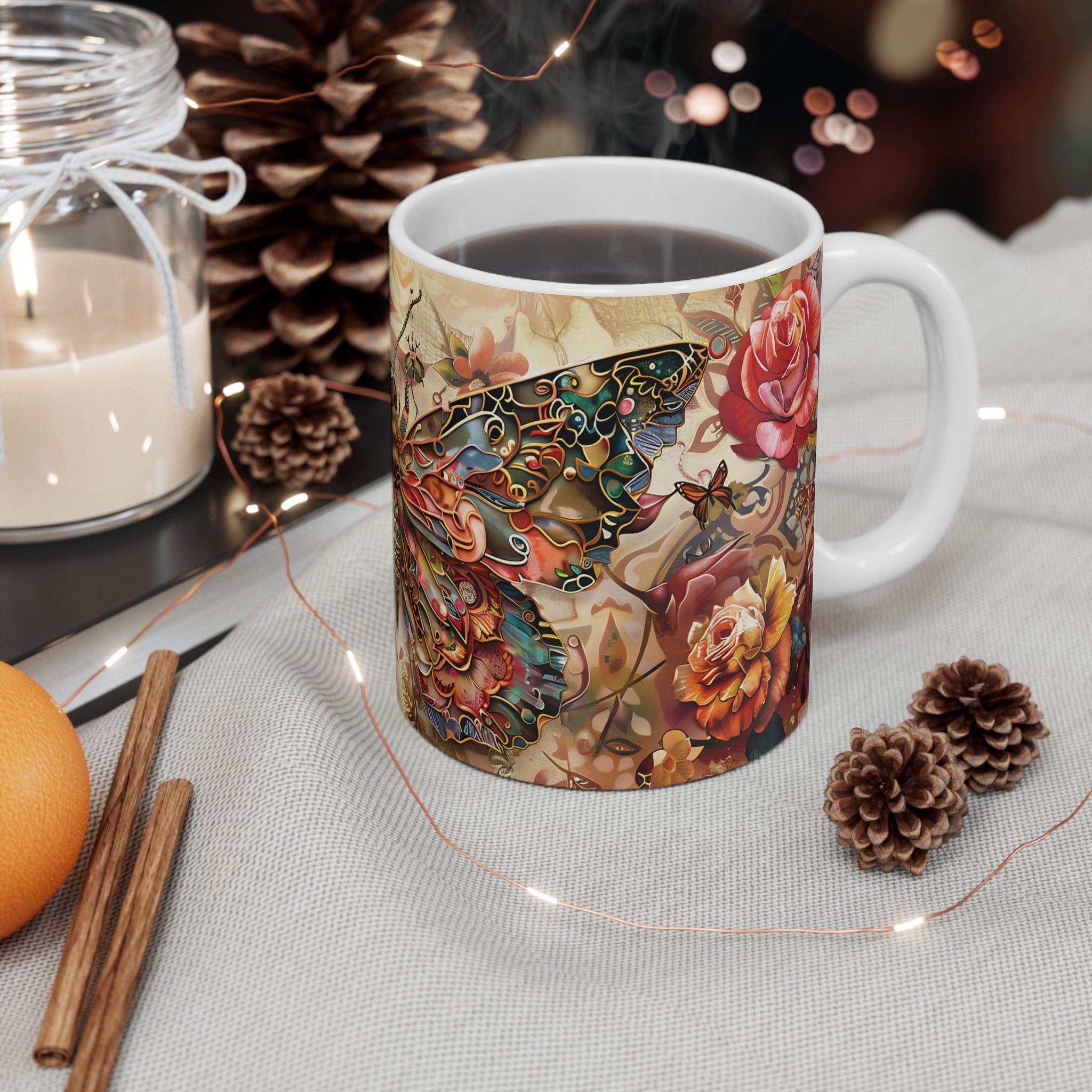 Artistic Colorful Butterfly and Rose Floral Mug for Nature Lovers