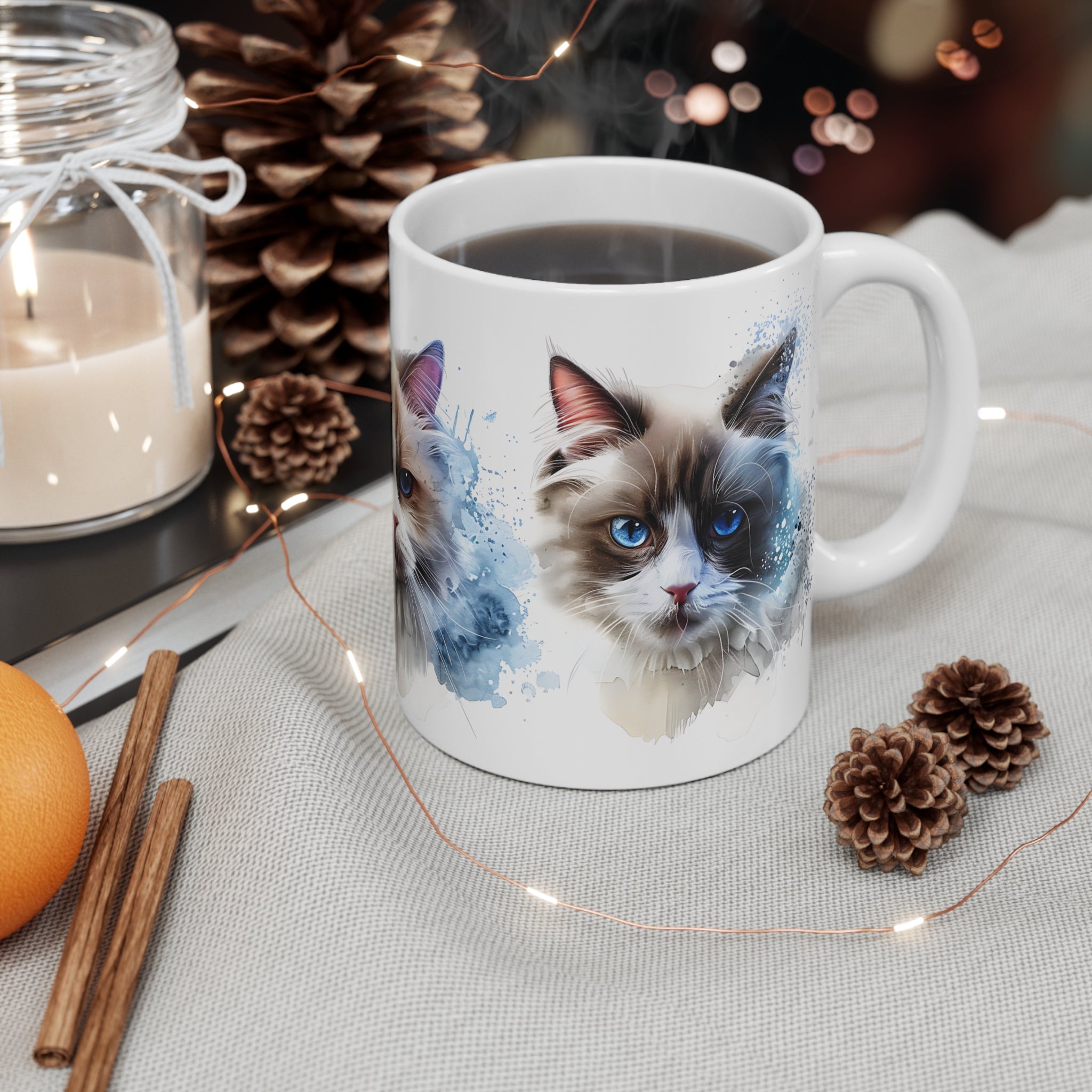 Artistic Blue-Eyed Cat Faces Mug with Color Splash Design