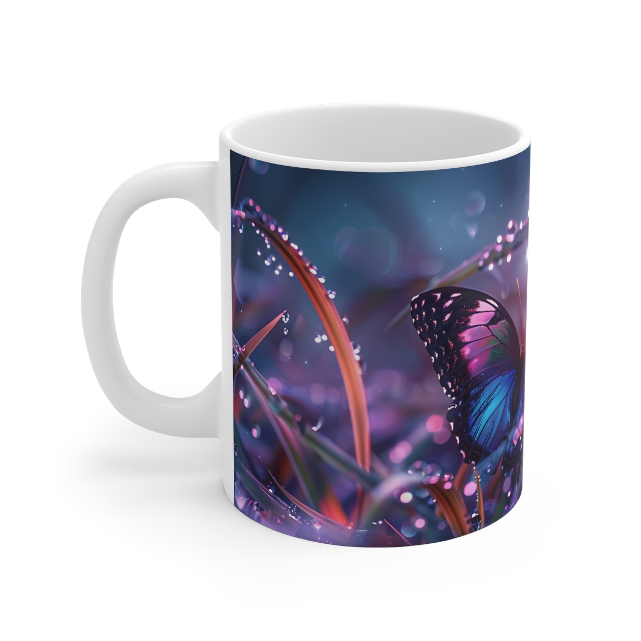 Purple and Blue Butterfly with Dew Drops Artistic Mug