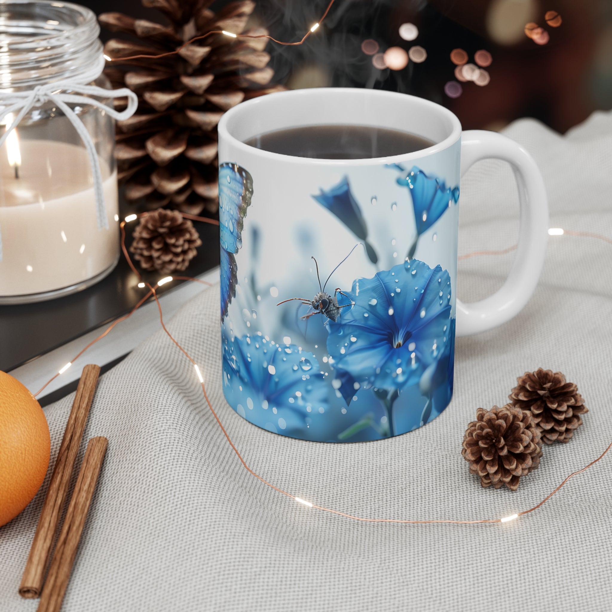 Blue Butterfly and Dew Drops on Vibrant Blue Flowers Coffee Mug