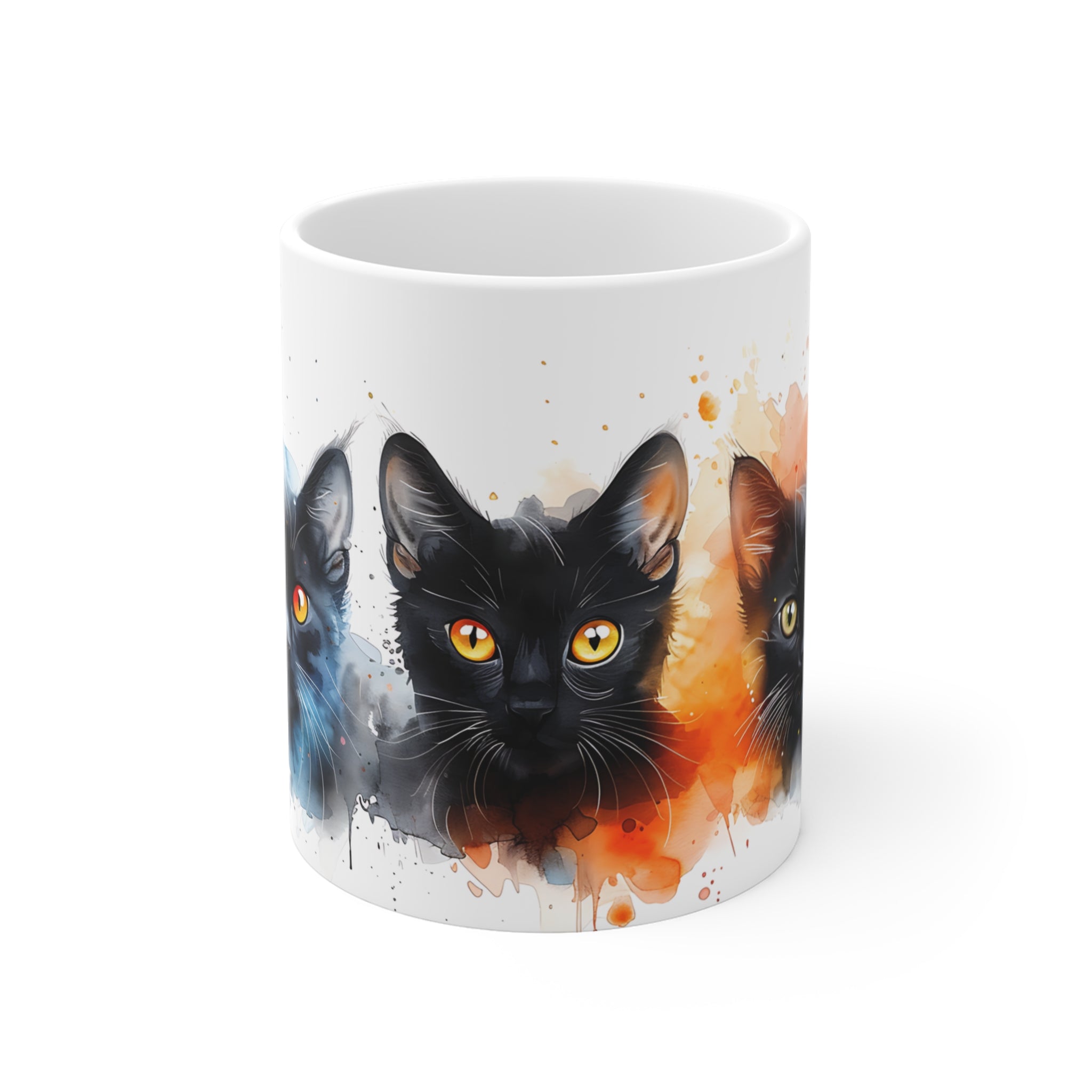 Artistic Black Cats Watercolor Mug with Orange and Blue Splashes