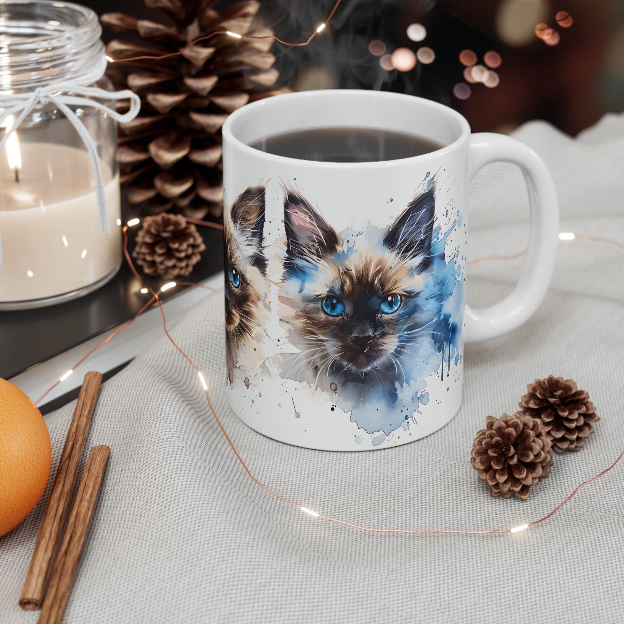 Artistic Blue-Eyed Cat Trio Watercolor Mug for Cat Lovers
