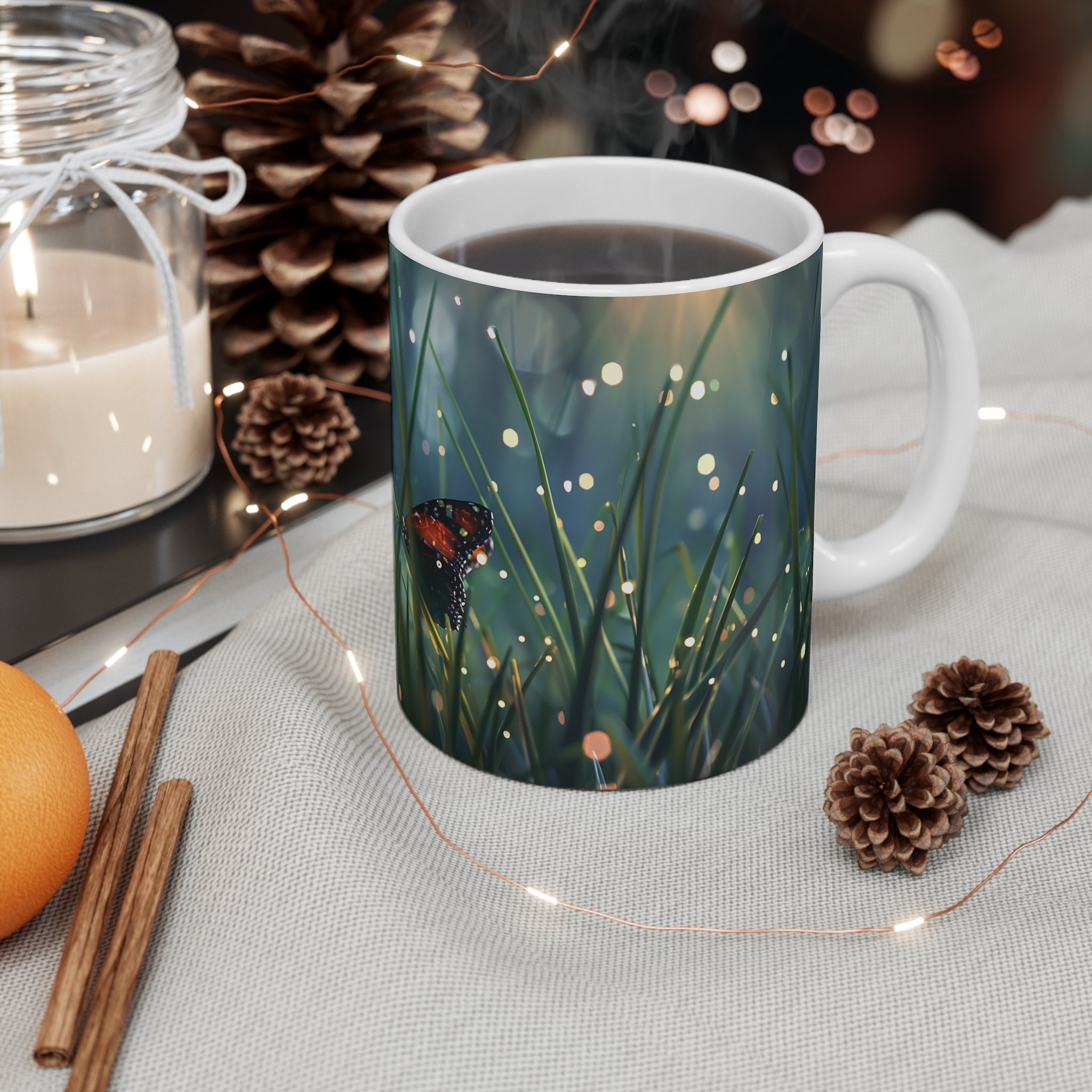 Nature-Inspired Butterfly and Grass Mug with Magical Light Sparkles