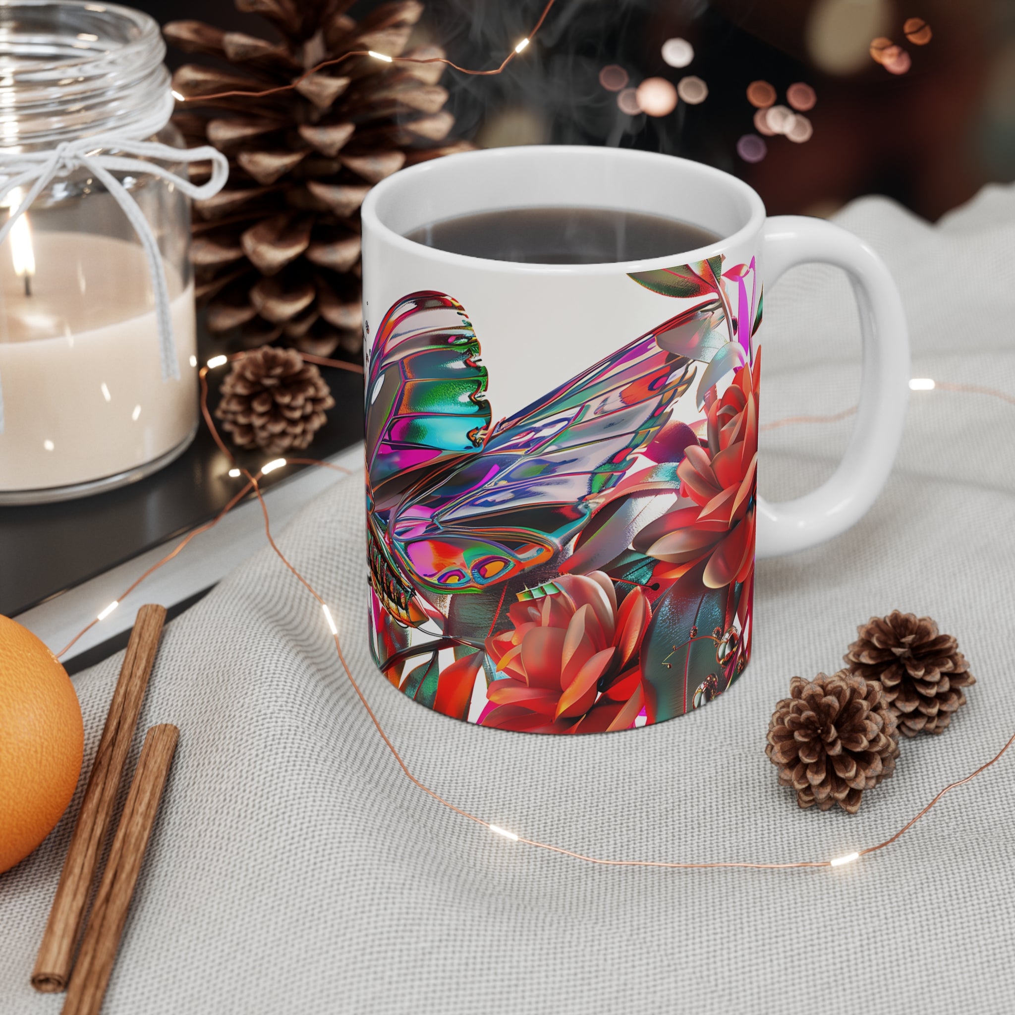 Colorful Metallic Butterfly with Roses Printed Mug - Floral Nature Art