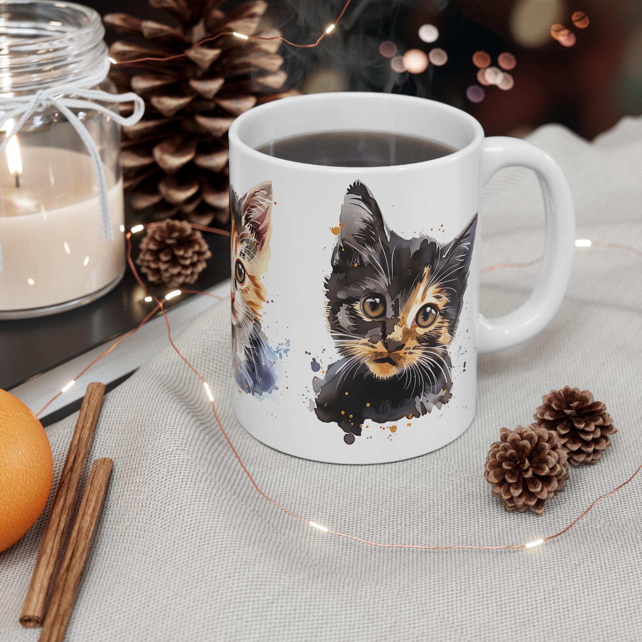 Watercolor Style Kitten Mug with Three Adorable Cat Faces