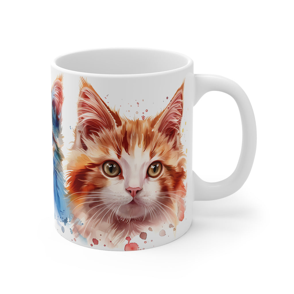 Watercolor Trio Cat Mug with Blue and Amber Eyes Artistic Design