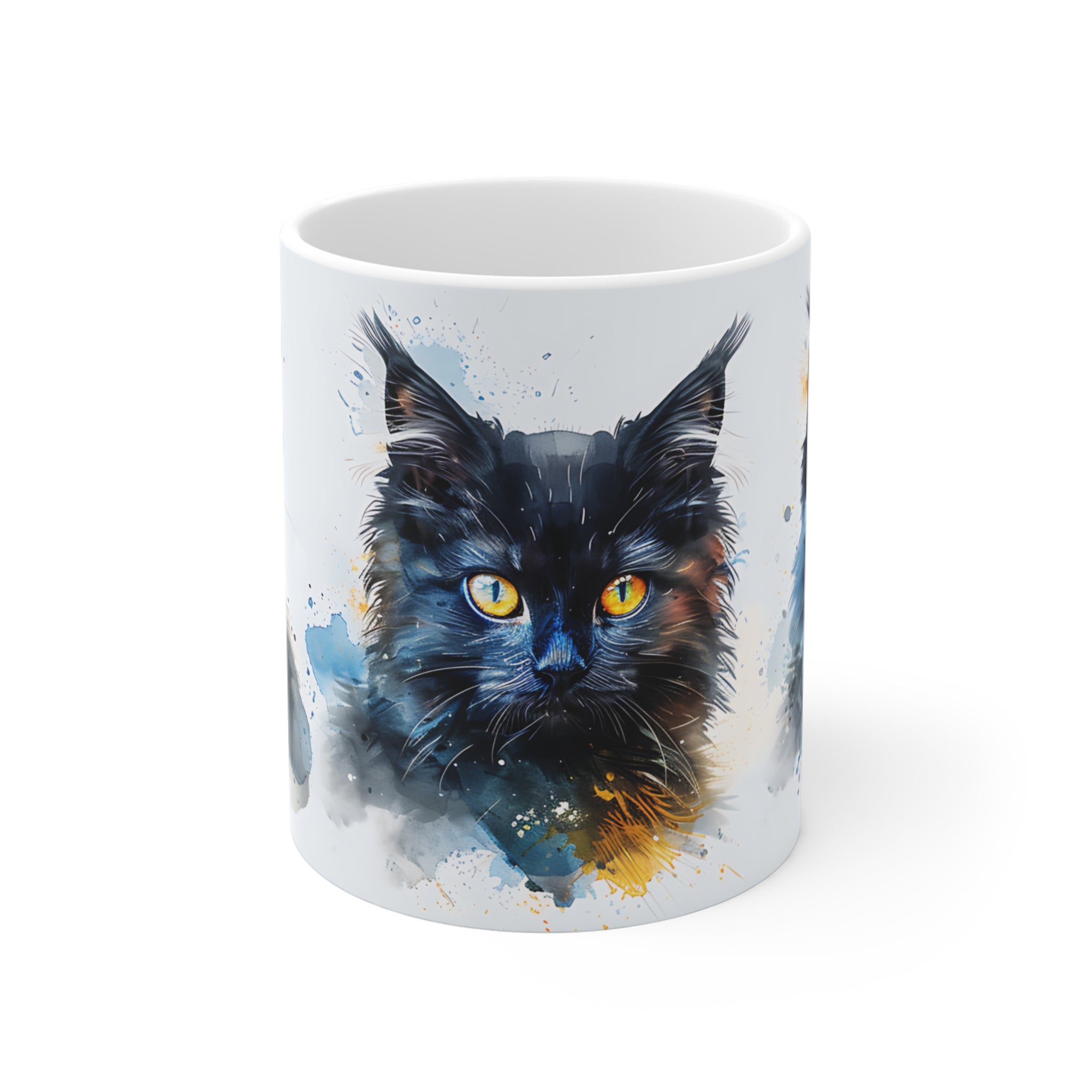 Artistic Black Cat Portraits Coffee Mug with Vibrant Yellow Eyes
