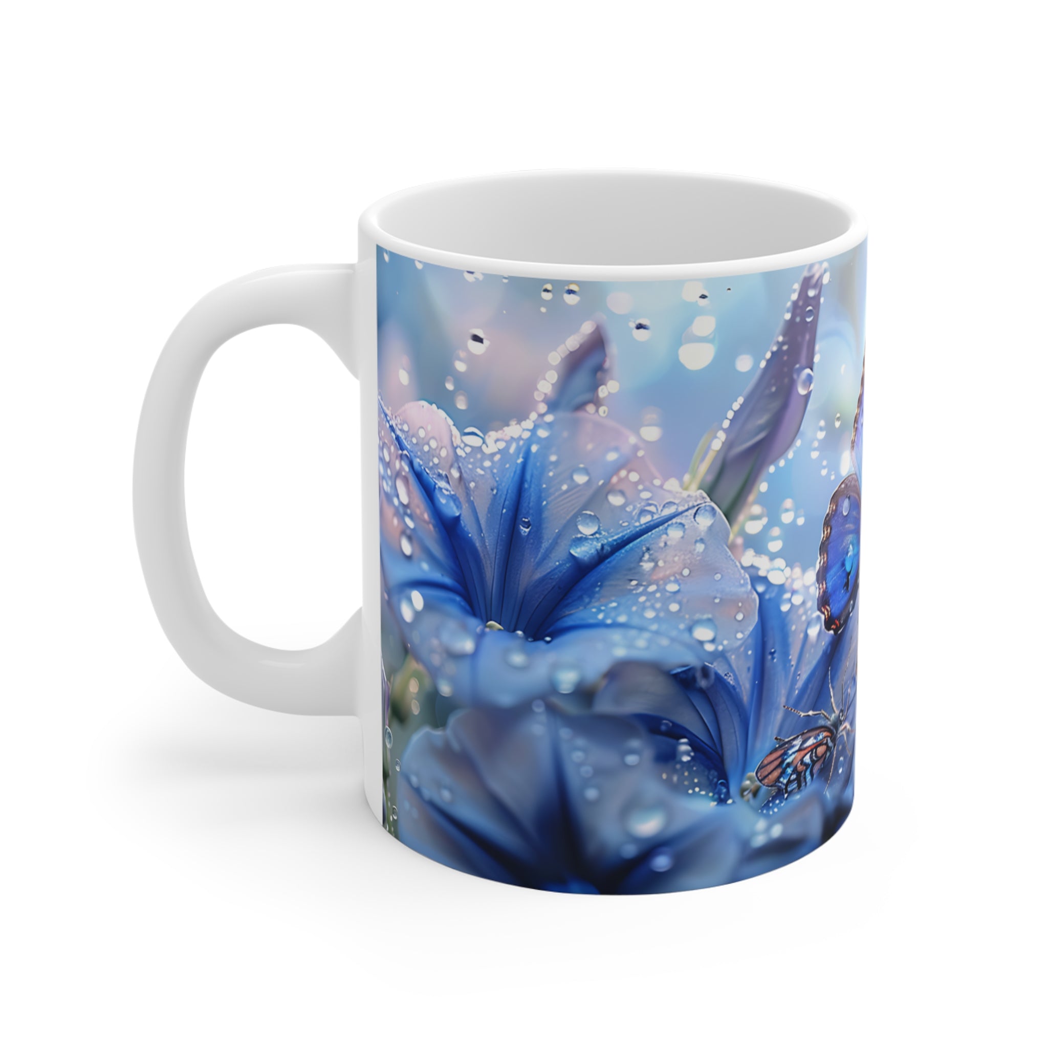 Blue Butterfly and Dewy Flowers Nature Art Printed Coffee Mug