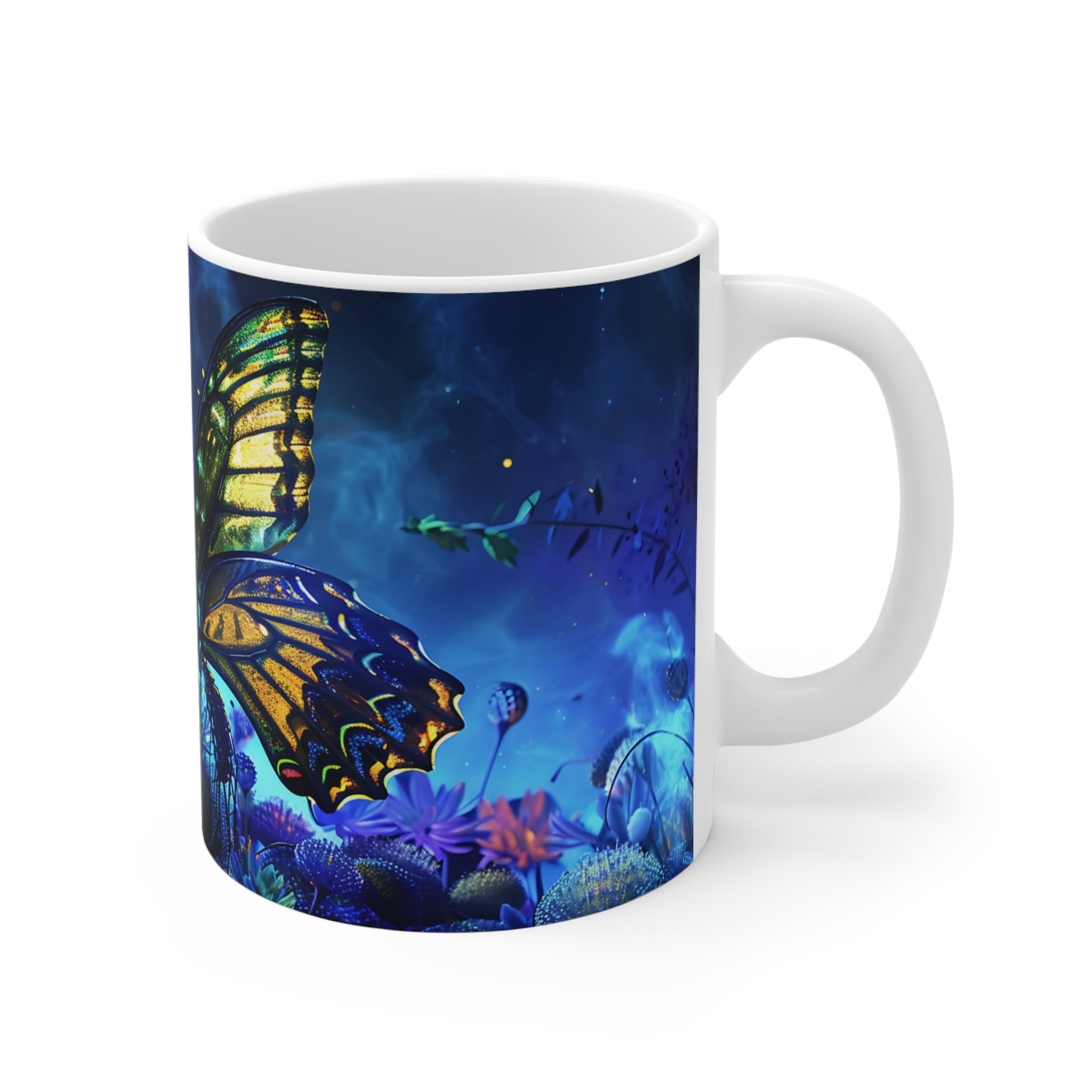 Glowing Butterfly on Vibrant Flowers Artistic Coffee Mug