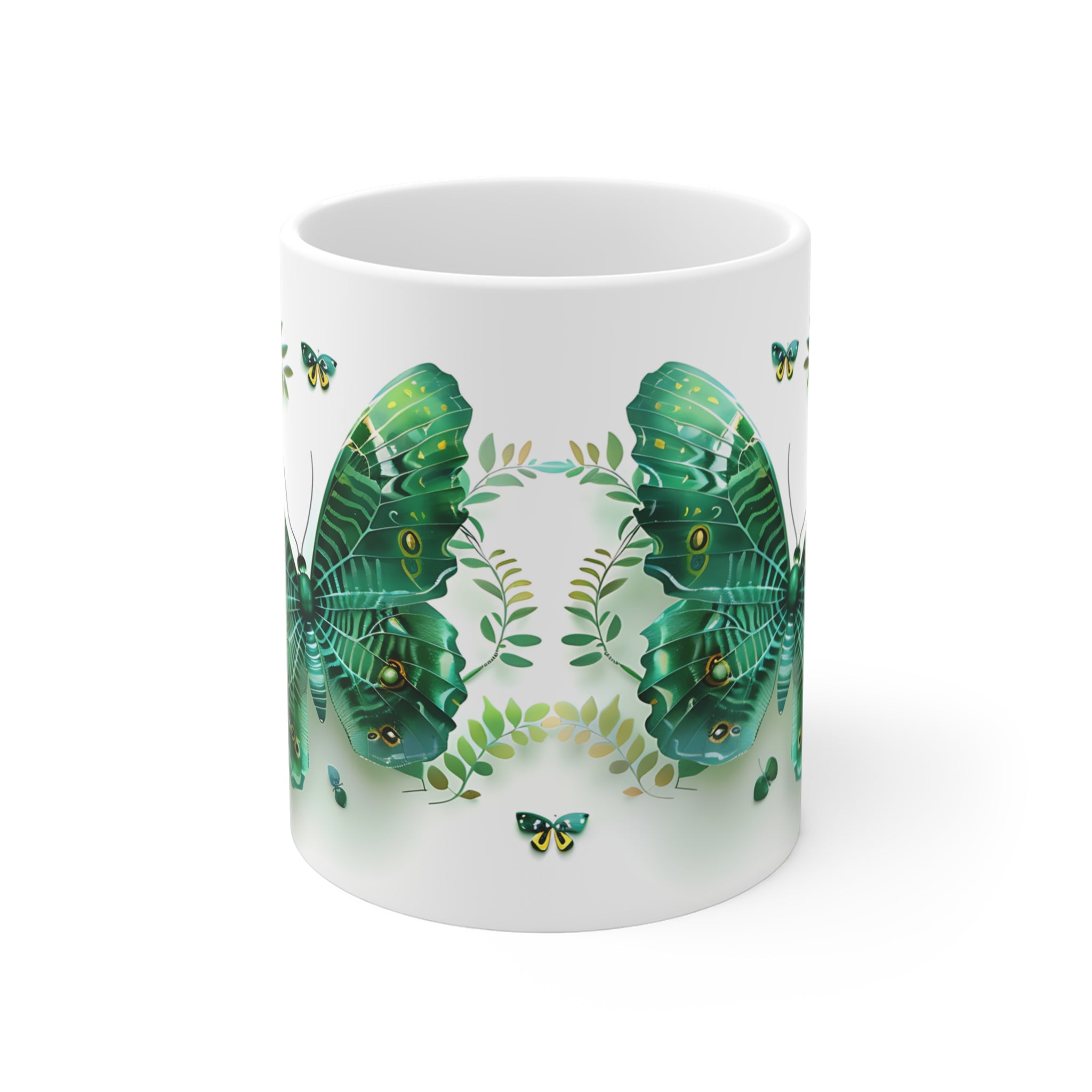 Green Butterfly and Leaf Pattern Ceramic Mug for Nature Lovers