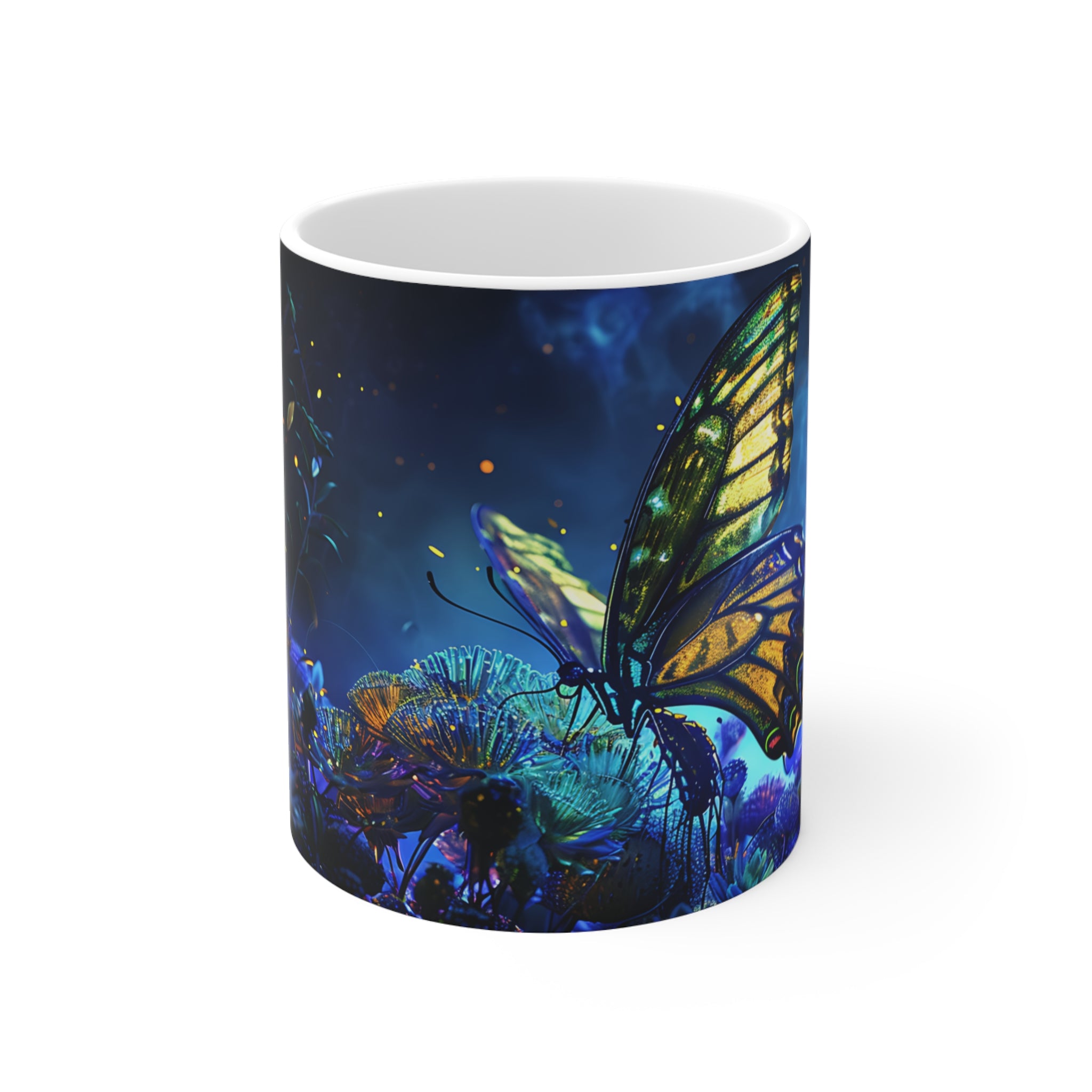 Glowing Butterfly on Vibrant Flowers Artistic Coffee Mug