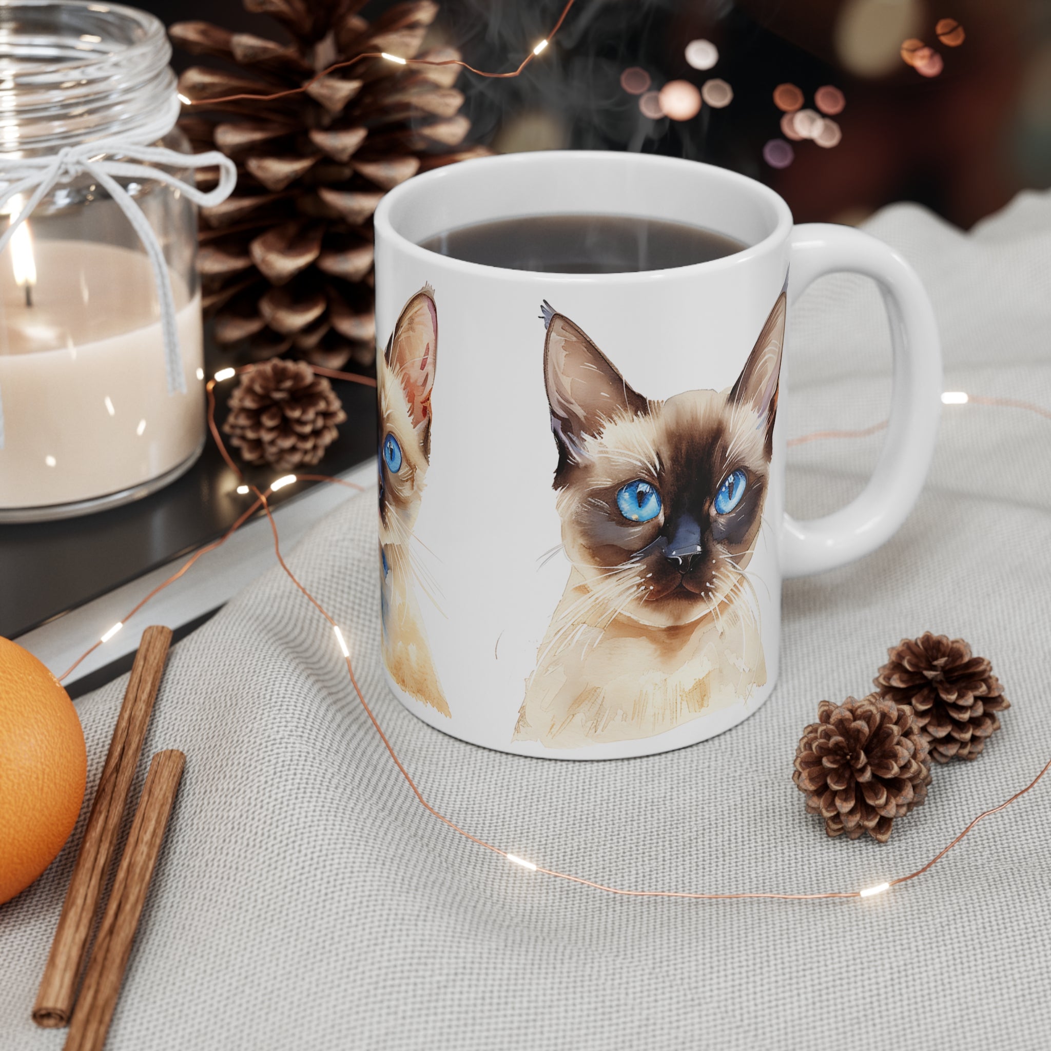 Watercolor Siamese Cat Trio Mug with Blue Eyes Art Print