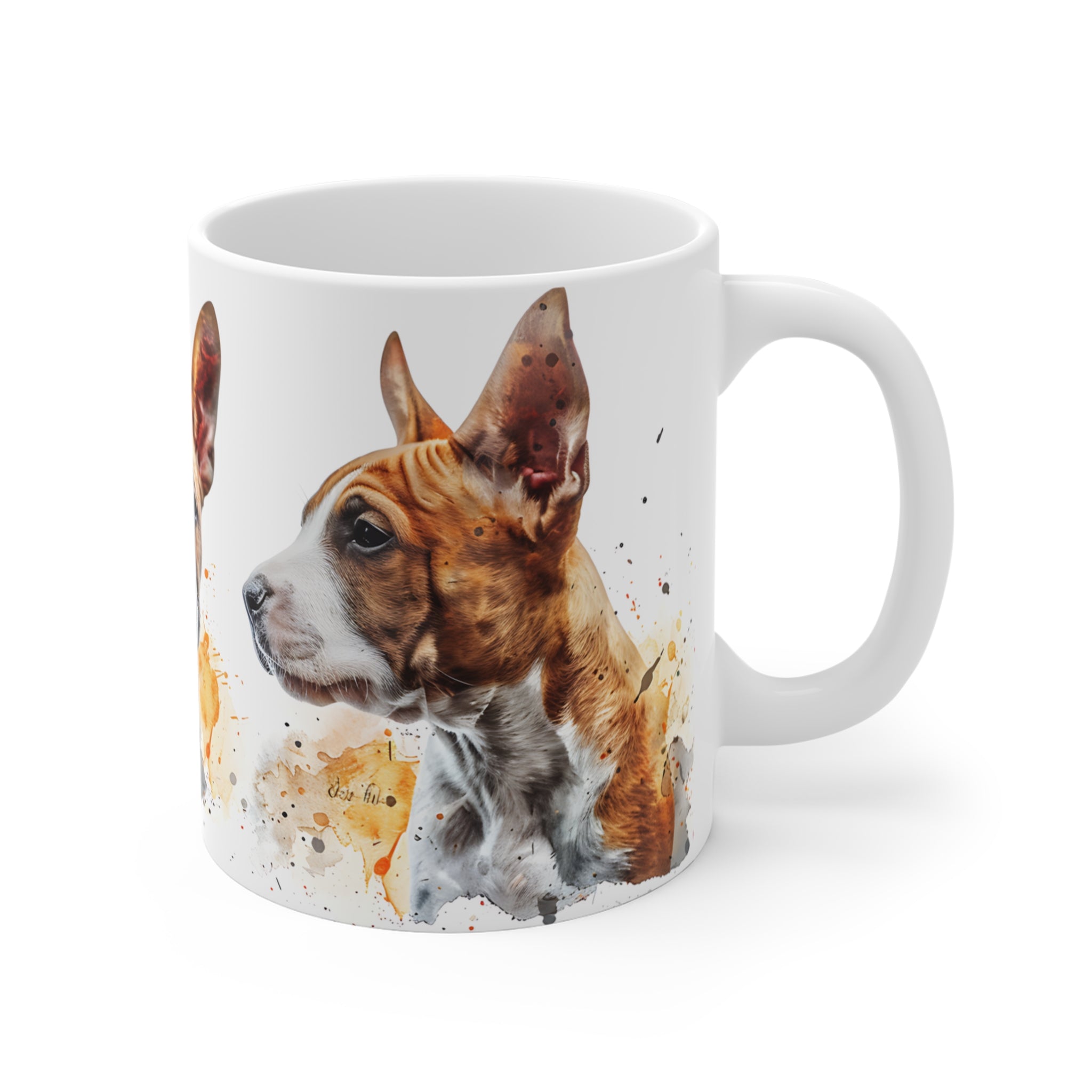 Basenji Dog Trio Art Print Mug with Watercolor Splatter Design