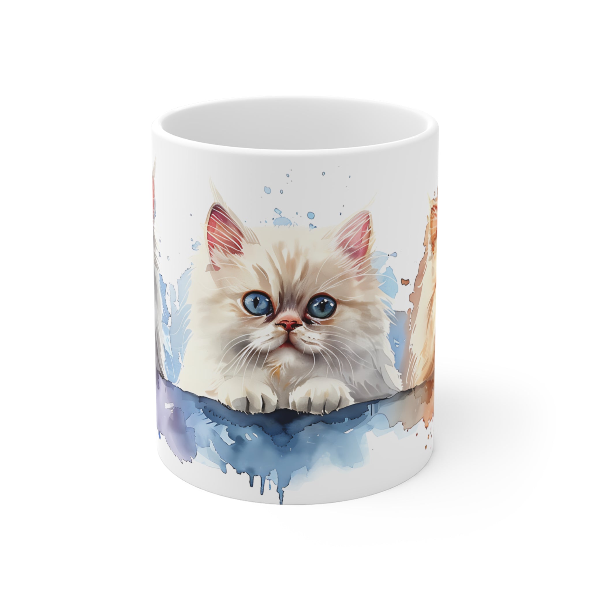 Watercolor Art Mug with Three Adorable Fluffy Kittens Design