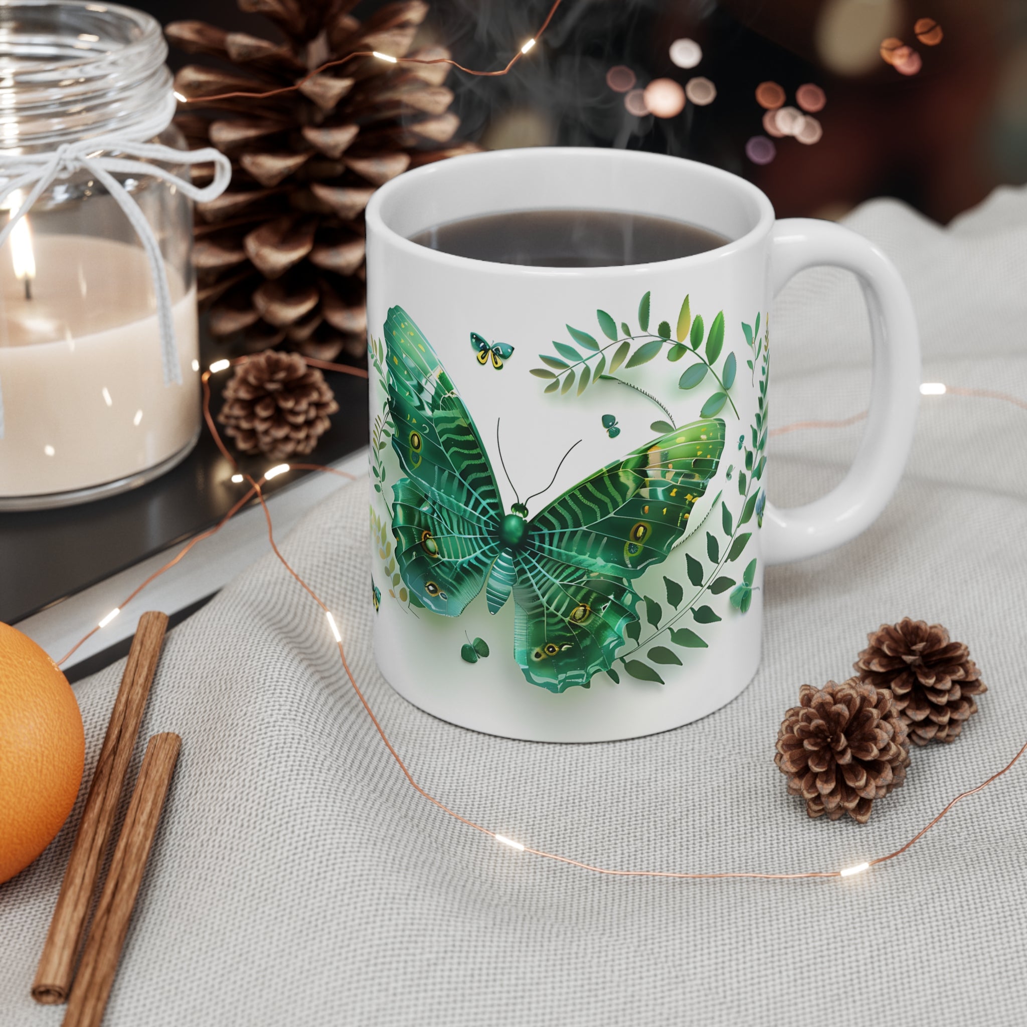 Green Butterfly and Leaf Pattern Ceramic Mug for Nature Lovers