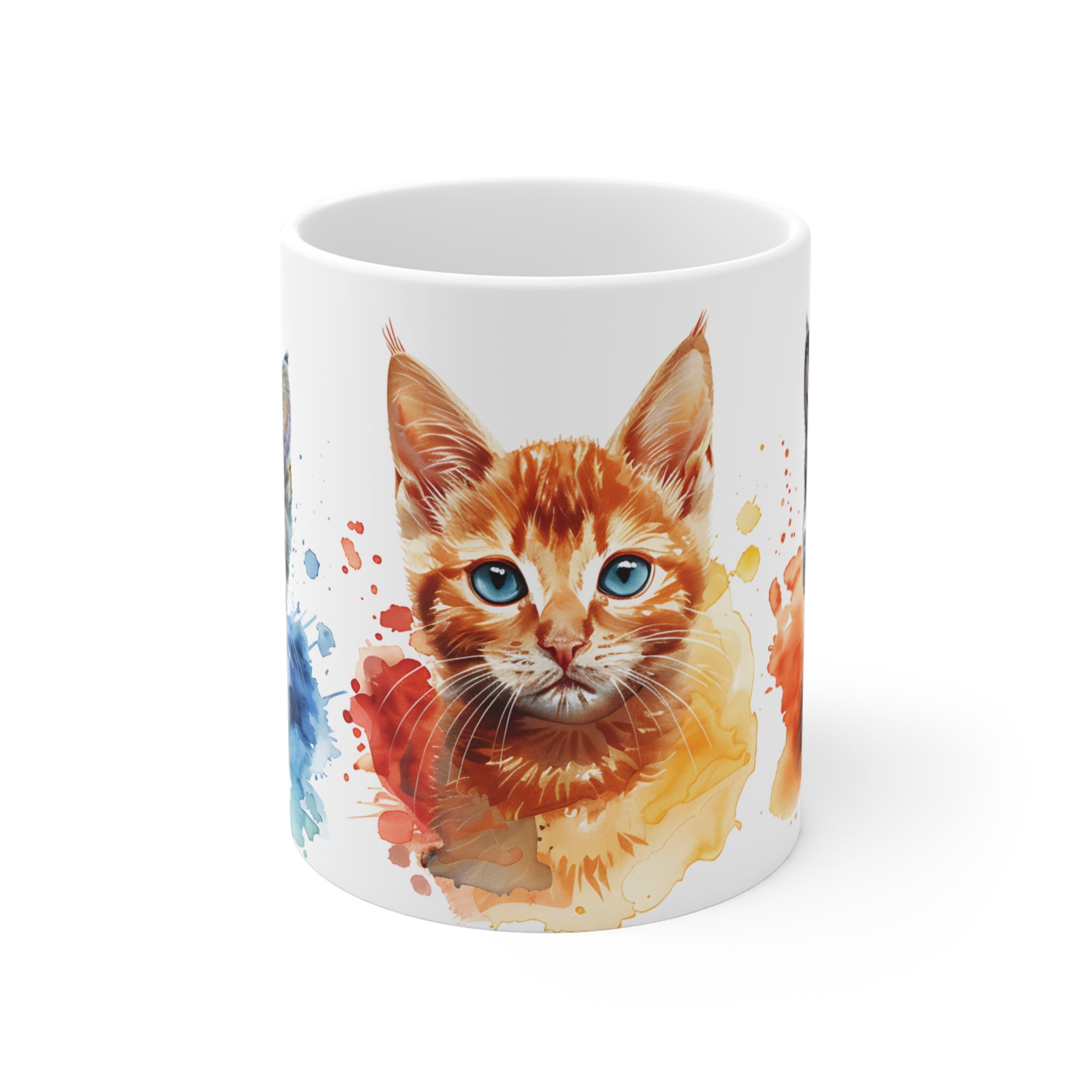 Watercolor Cat Trio Mug - Artistic Kitten Faces with Splash Colors