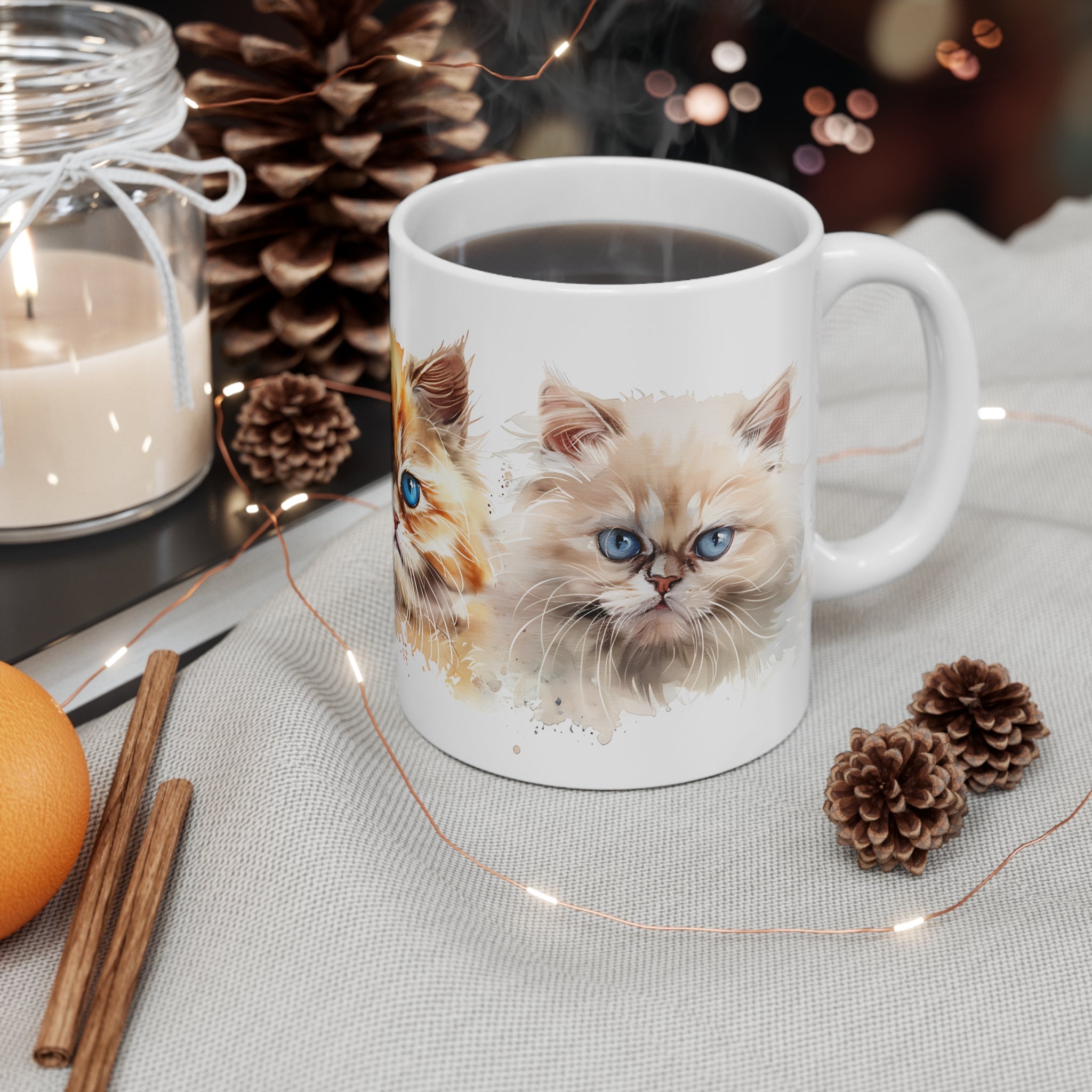 Artistic Cat Faces Watercolor Mug - Three Colorful Kitten Portraits