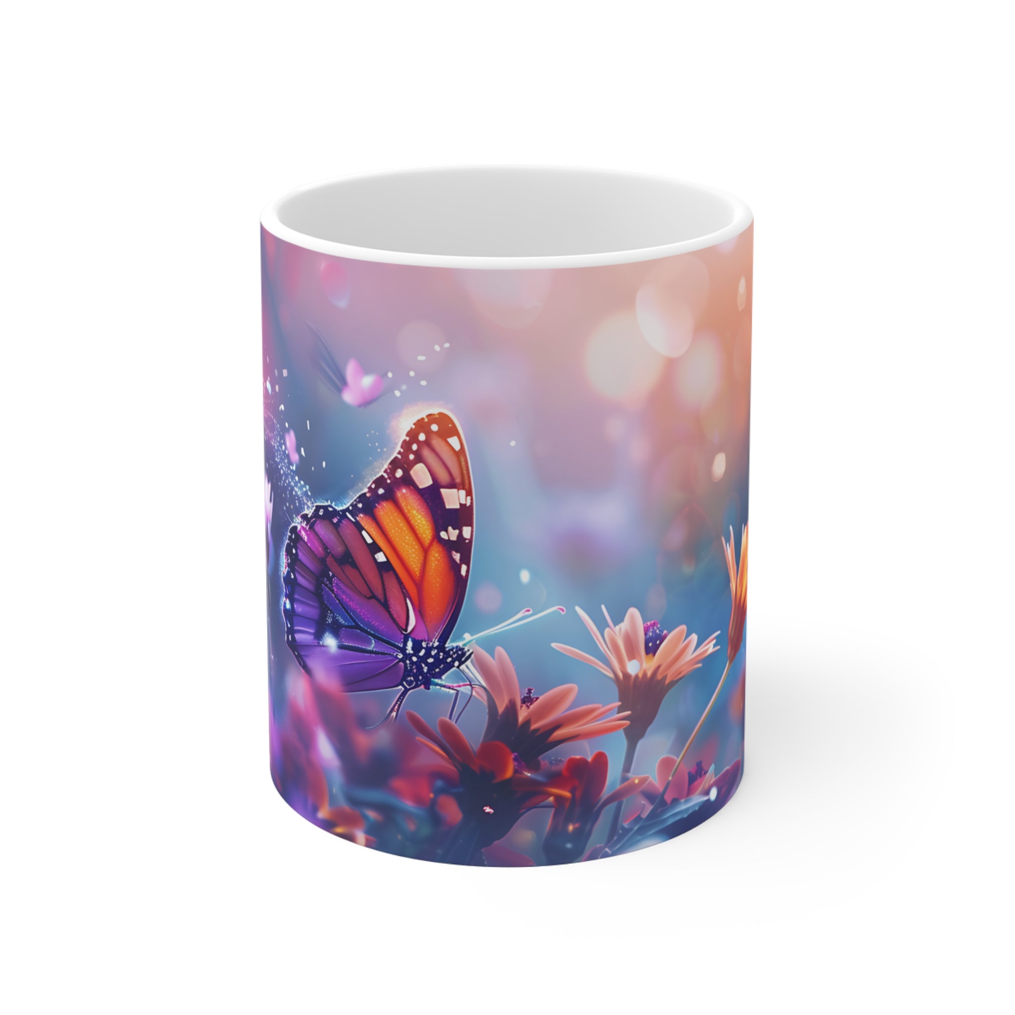 Butterfly and Vibrant Flowers Nature Art Coffee Mug