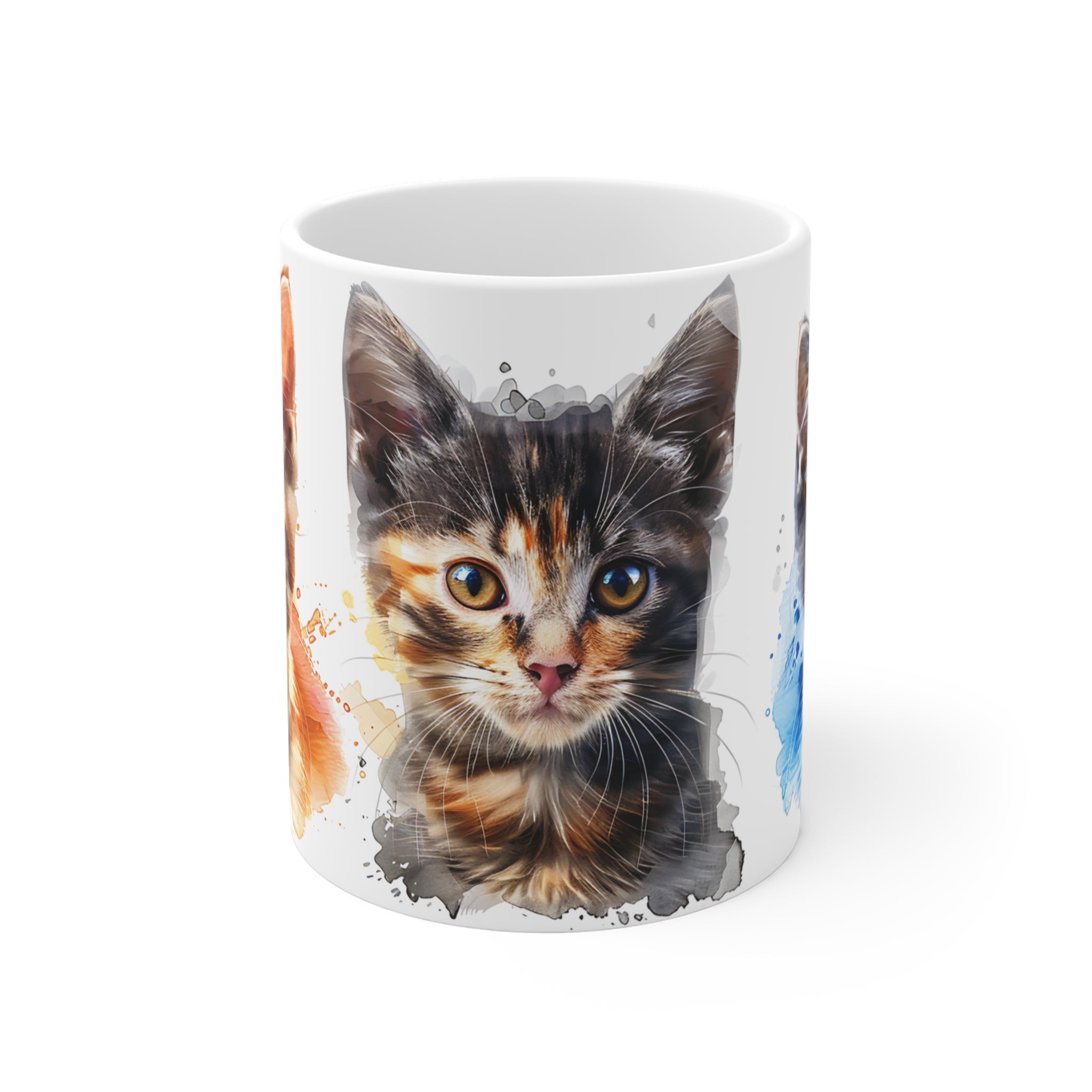 Watercolor Cats Mug with Three Colorful Kitten Faces