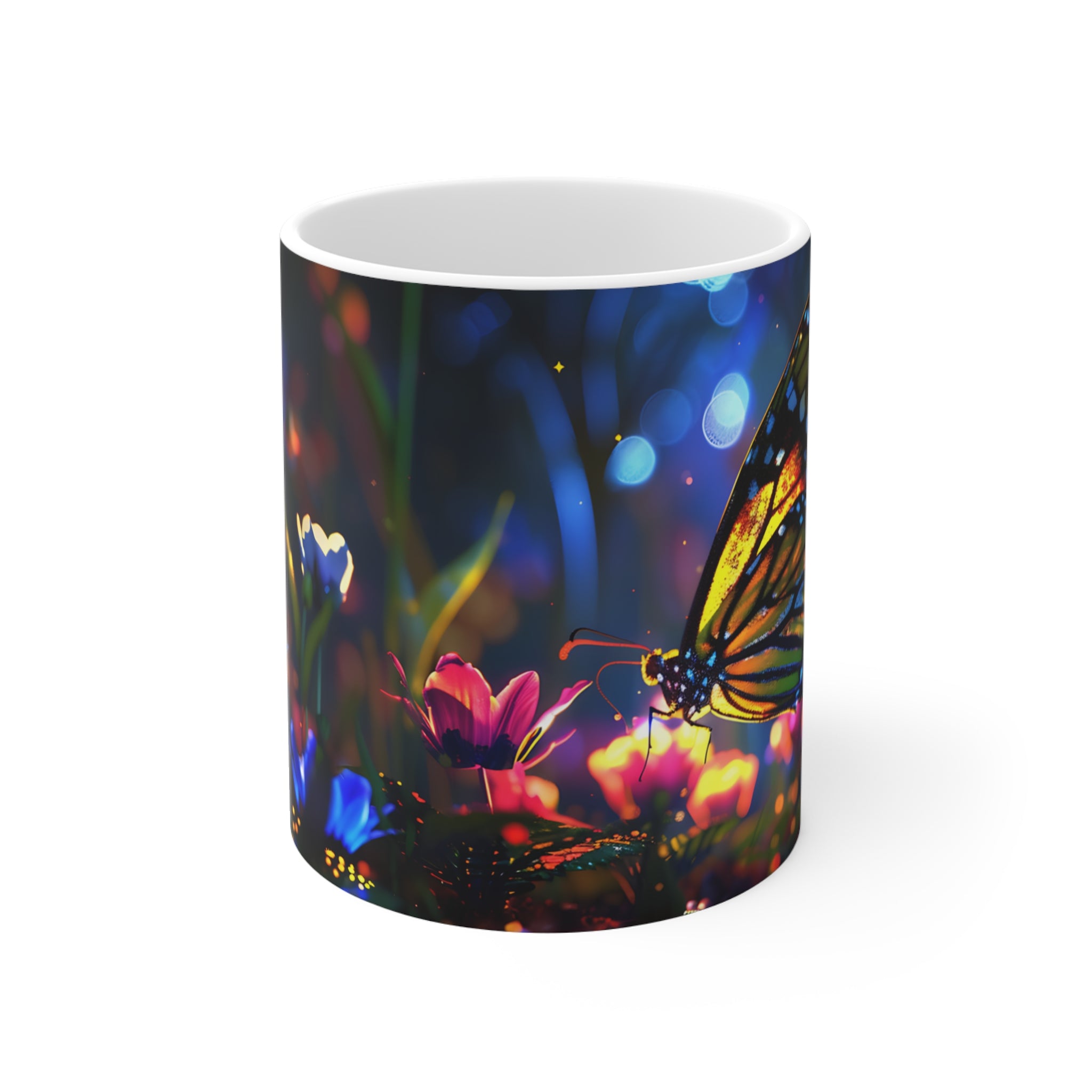 Vibrant Butterfly and Colorful Flowers Illustrated Coffee Mug