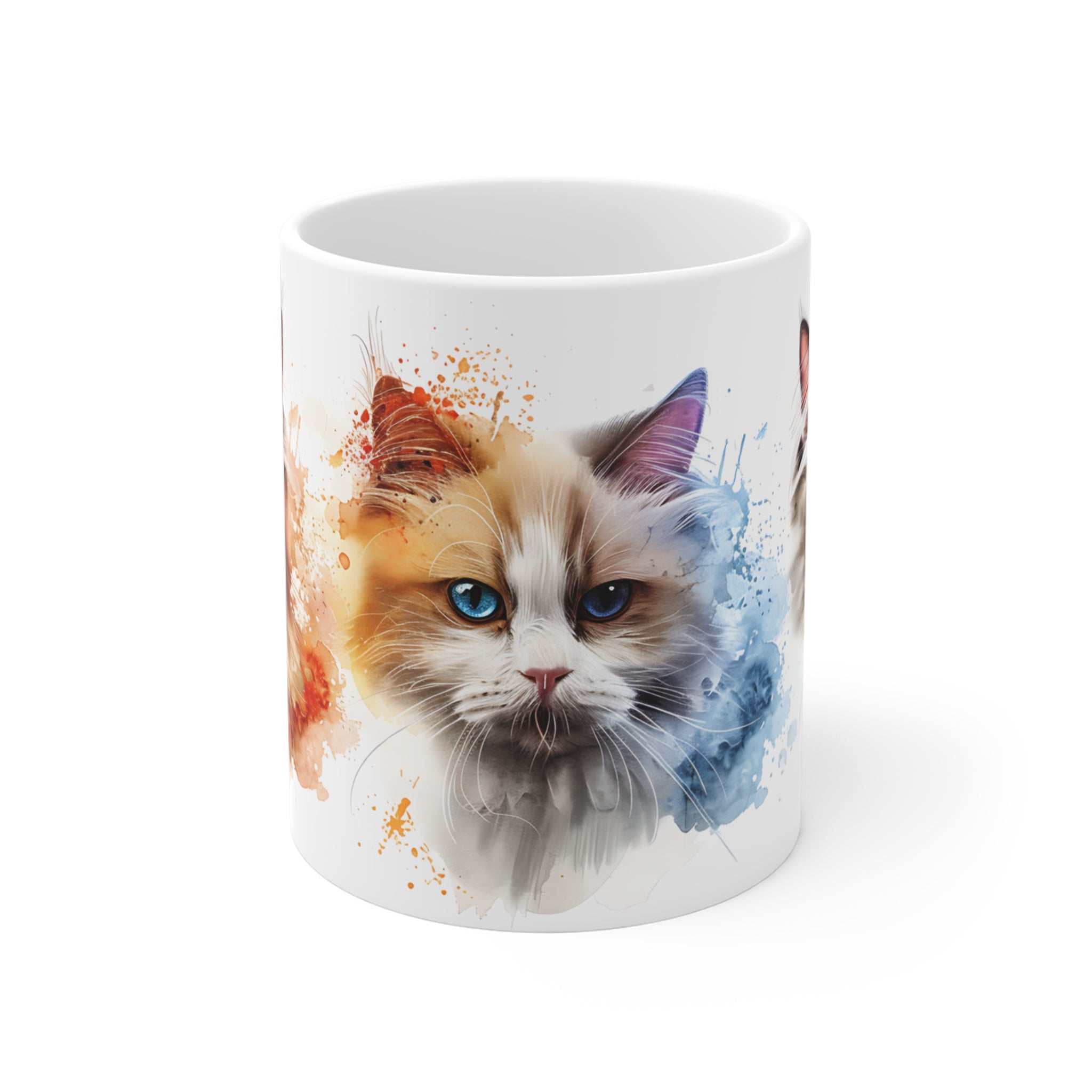 Artistic Blue-Eyed Cat Faces Mug with Color Splash Design
