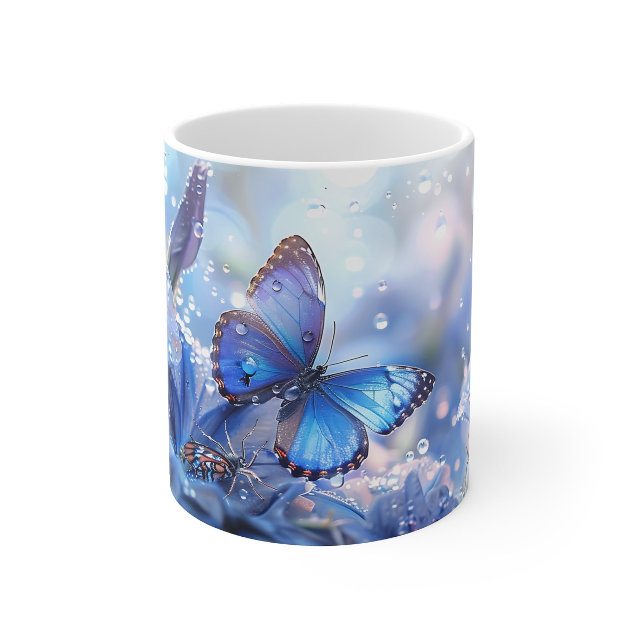 Blue Butterfly and Dewy Flowers Nature Art Printed Coffee Mug