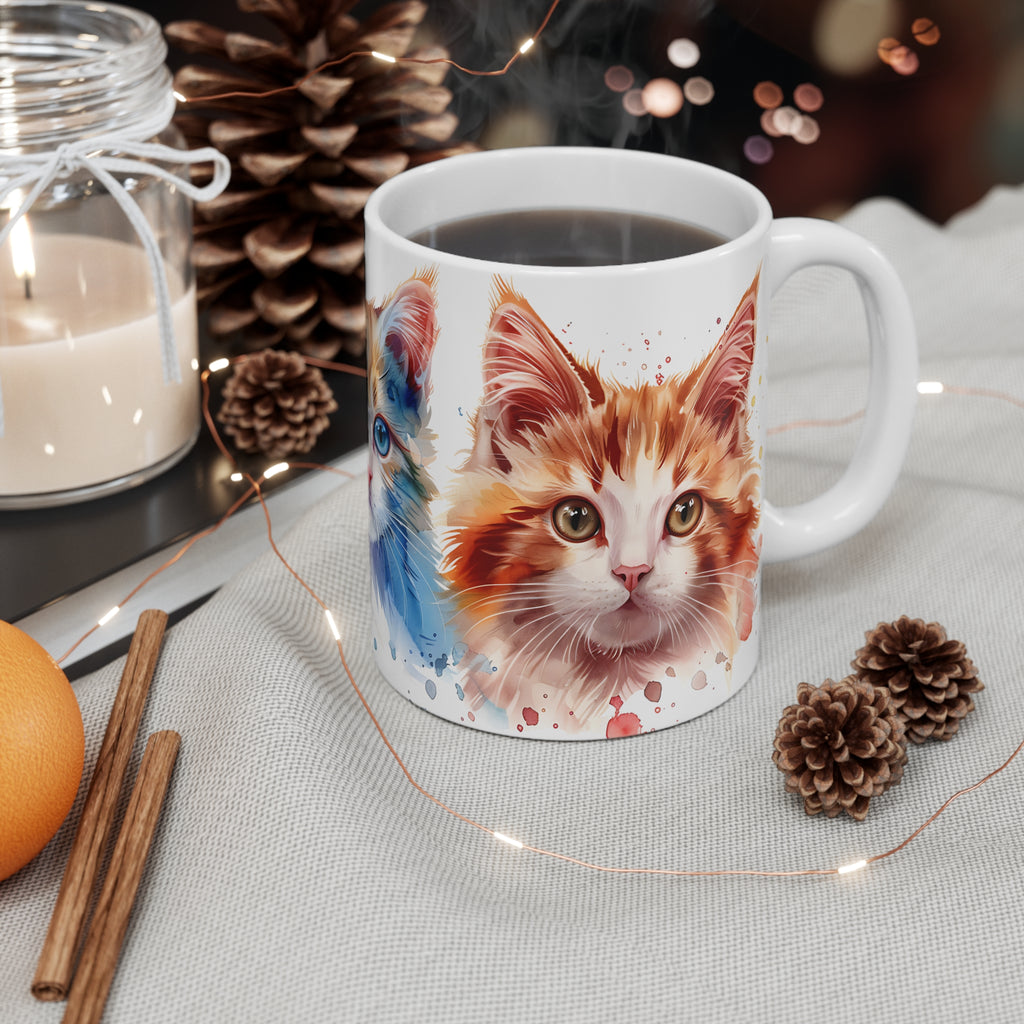 Watercolor Trio Cat Mug with Blue and Amber Eyes Artistic Design