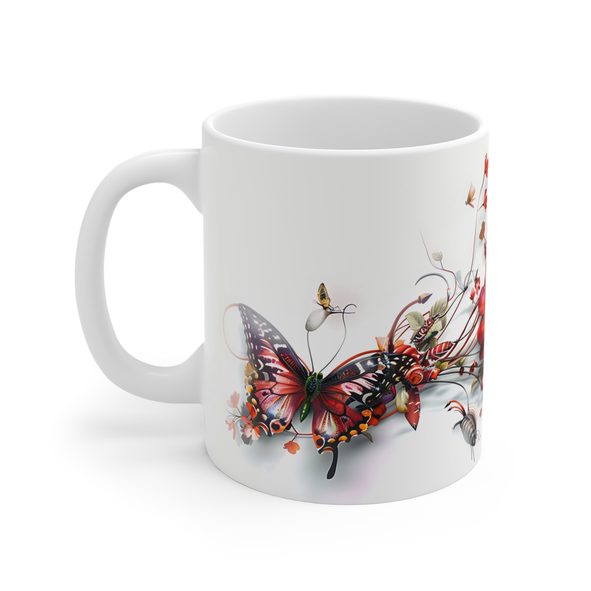 Red Butterfly and Floral Art Printed Ceramic Mug for Nature Lovers