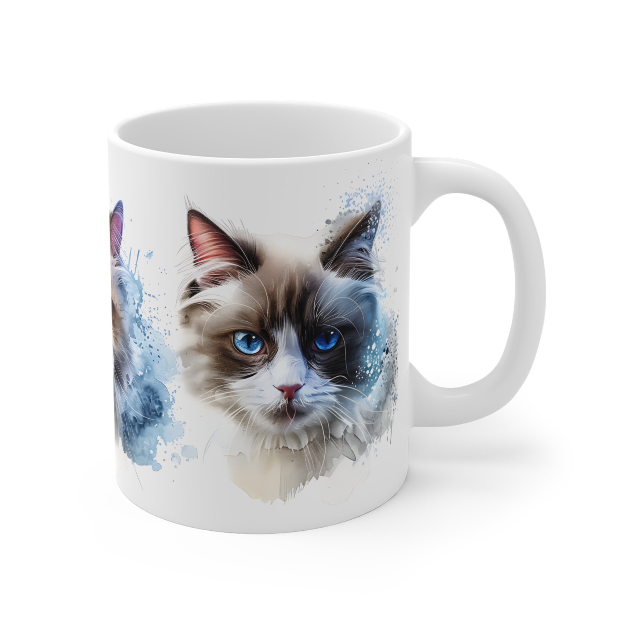 Artistic Blue-Eyed Cat Faces Mug with Color Splash Design