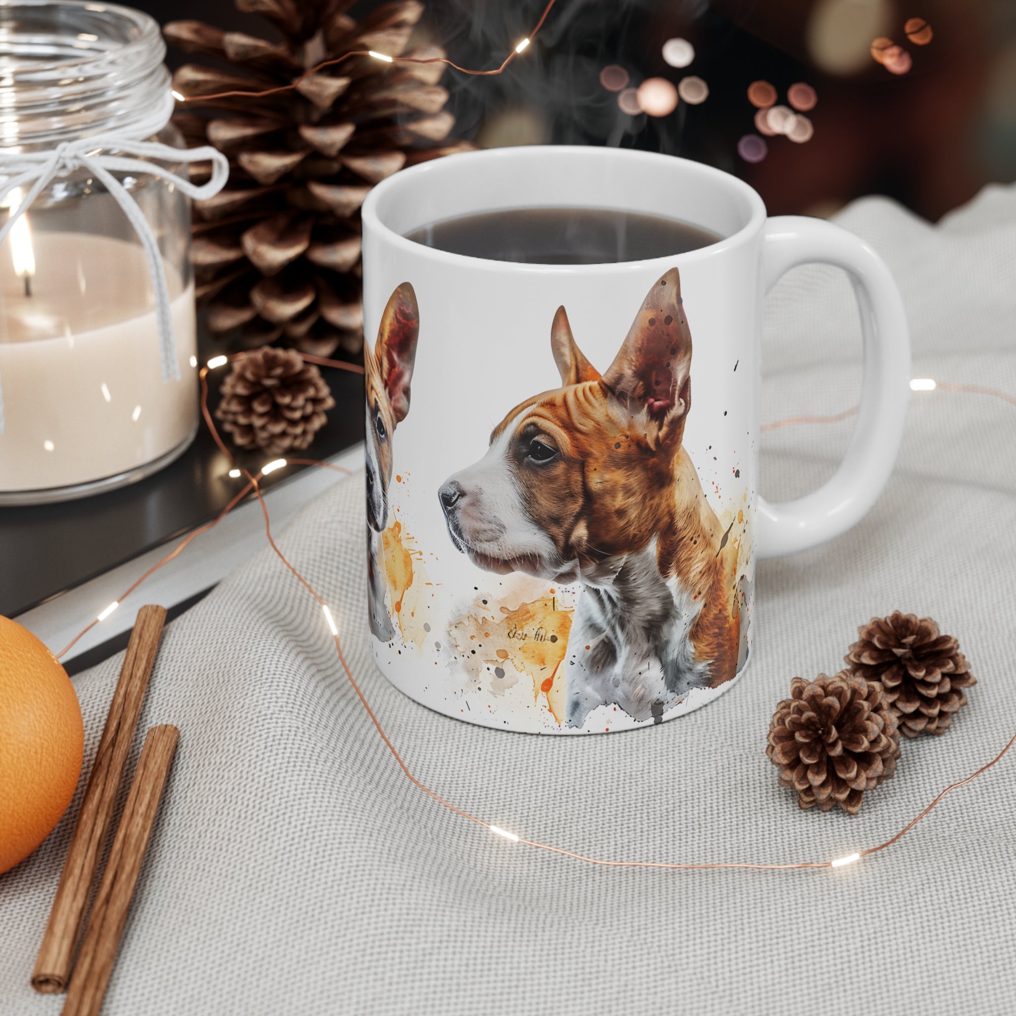 Basenji Dog Trio Art Print Mug with Watercolor Splatter Design
